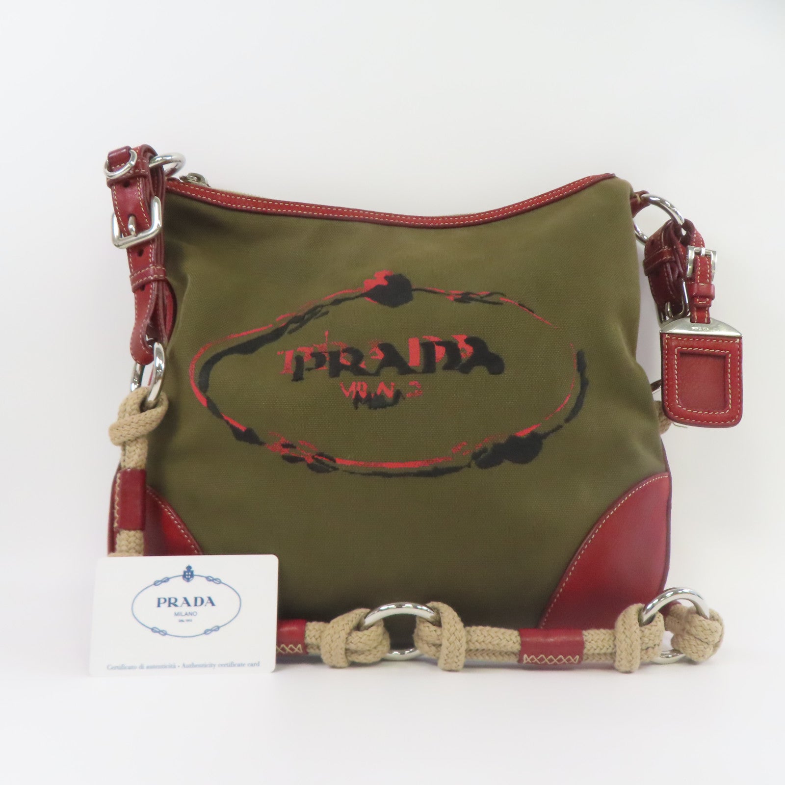 PRADA 帆布Shoulder Bag銀扣肩背袋綠色/紅色
