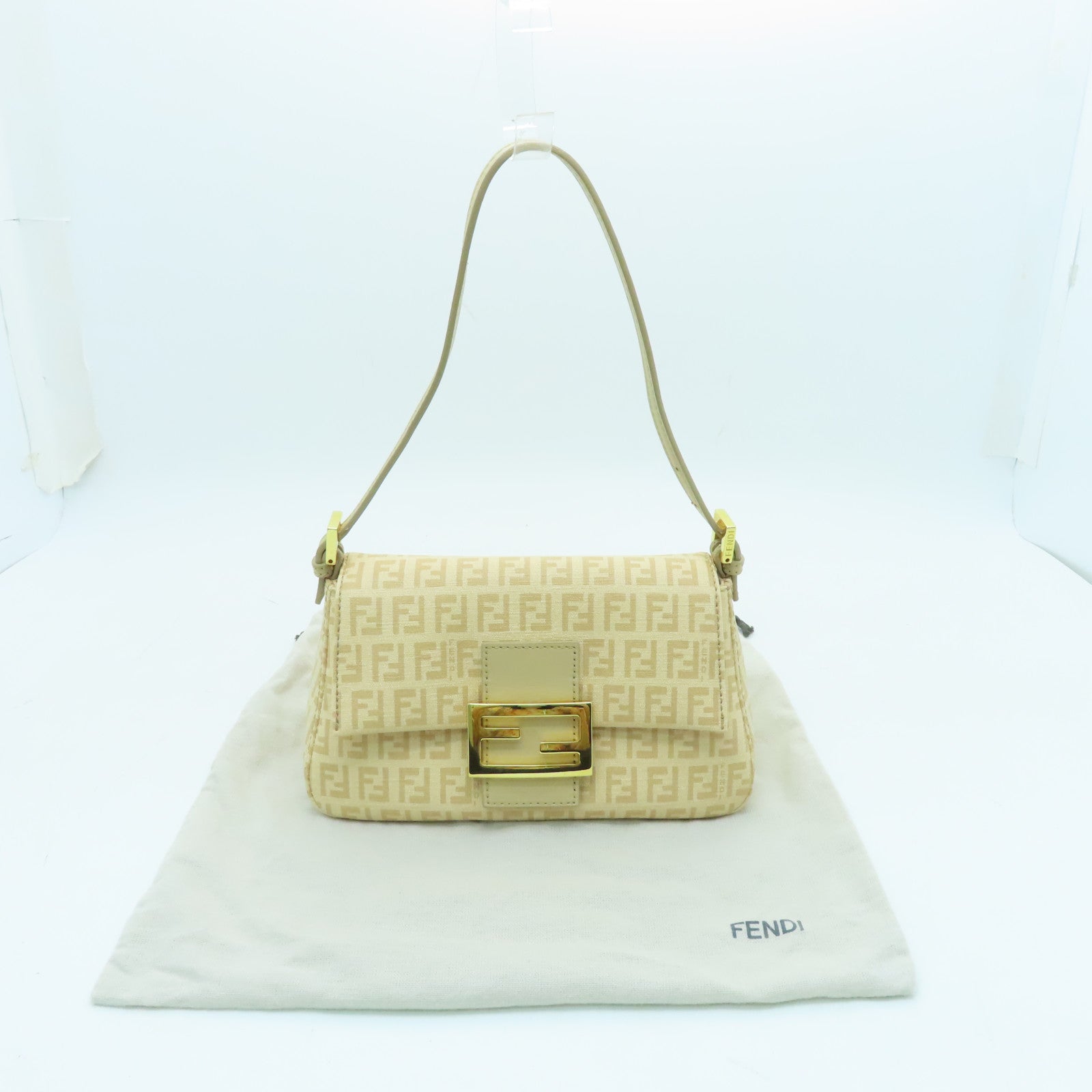 FENDI Canvas Lux Uness Gold Buckle Handle Shoulder Bag Apricot