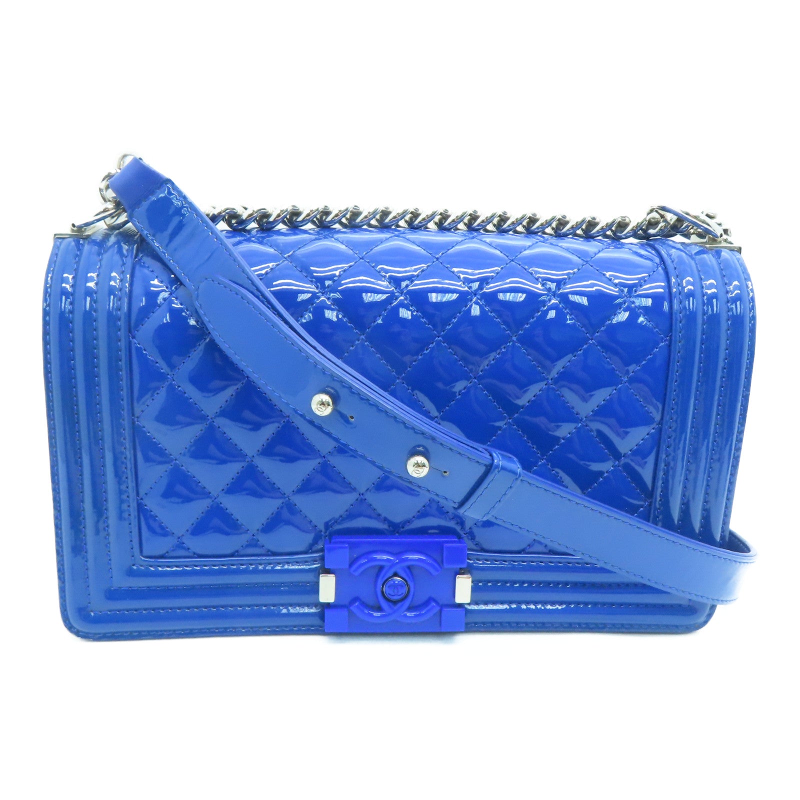 CHANEL Diamond Patent Leather Chanel Boy 25cm Silver Buckle Chain Shoulder Bag Blue