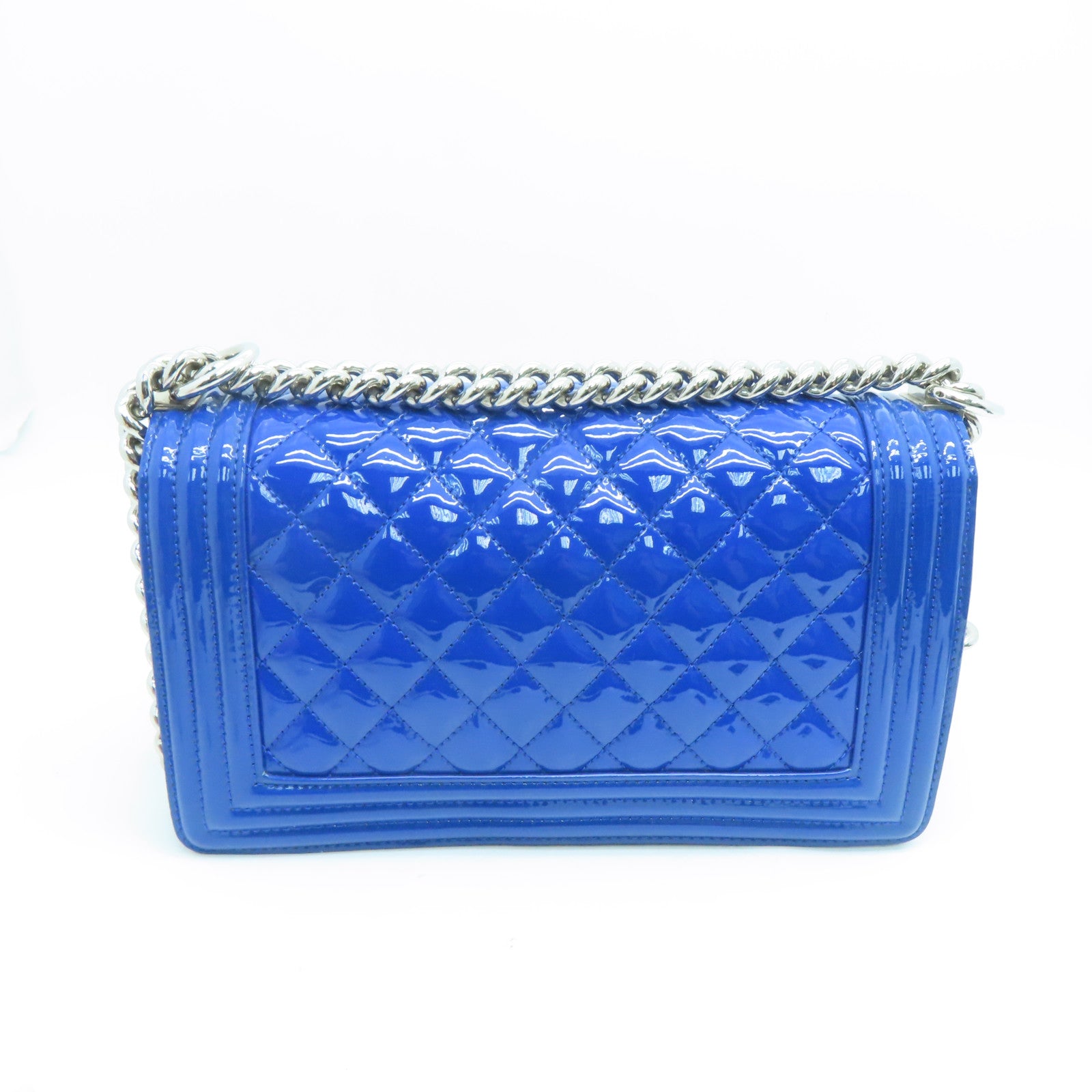 CHANEL Diamond Patent Leather Chanel Boy 25cm Silver Buckle Chain Shoulder Bag Blue