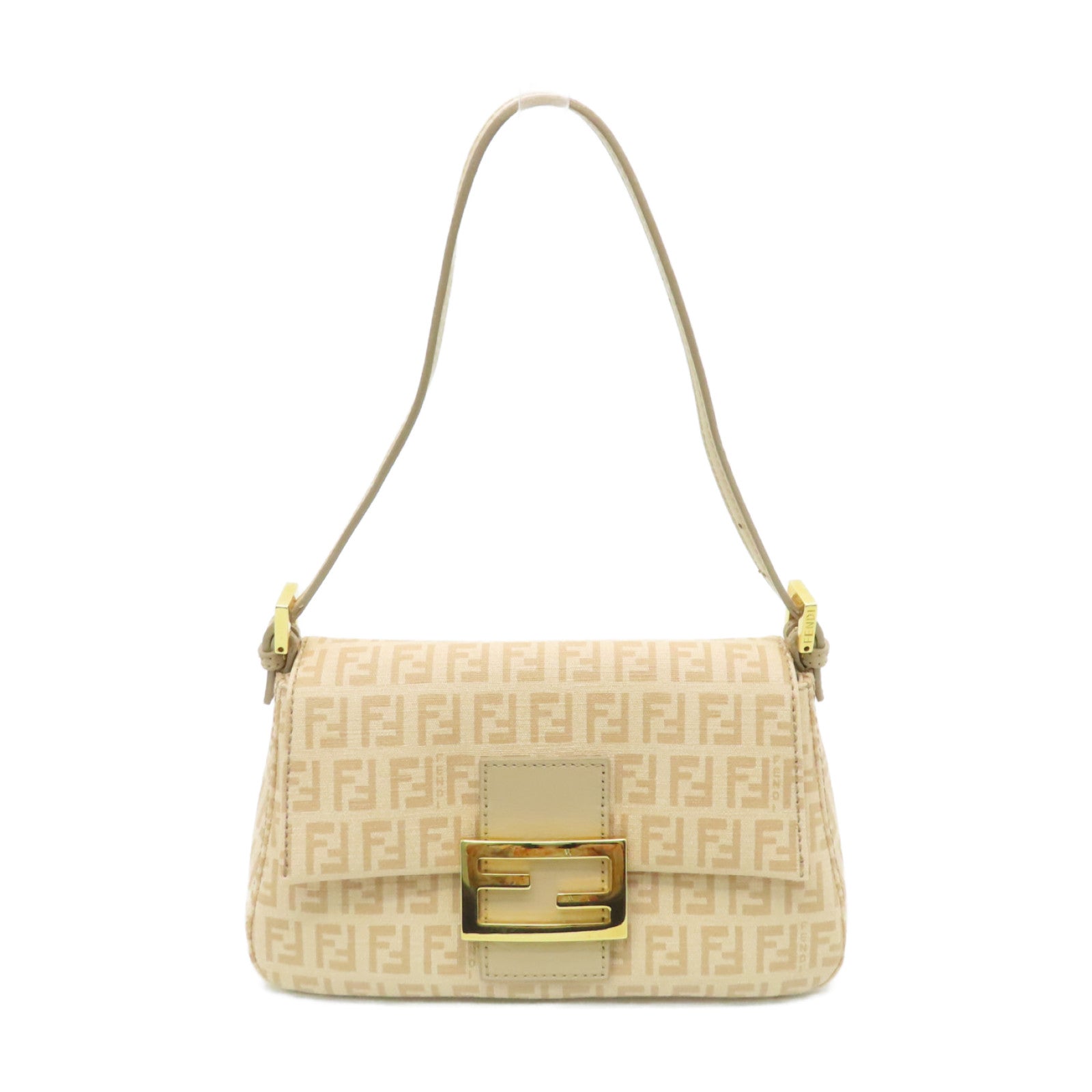 FENDI Canvas Lux Uness Gold Buckle Handle Shoulder Bag Apricot
