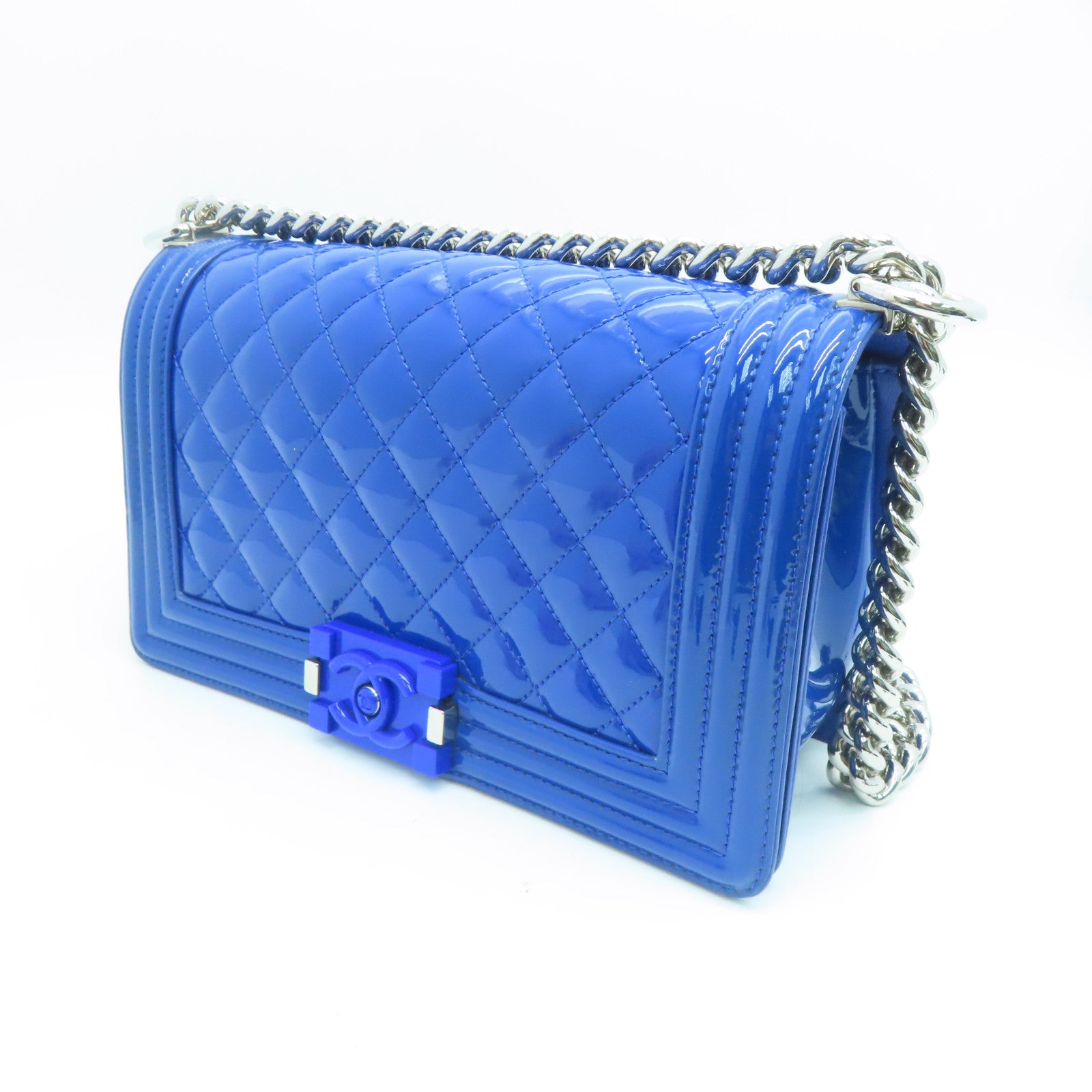 CHANEL Diamond Patent Leather Chanel Boy 25cm Silver Buckle Chain Shoulder Bag Blue