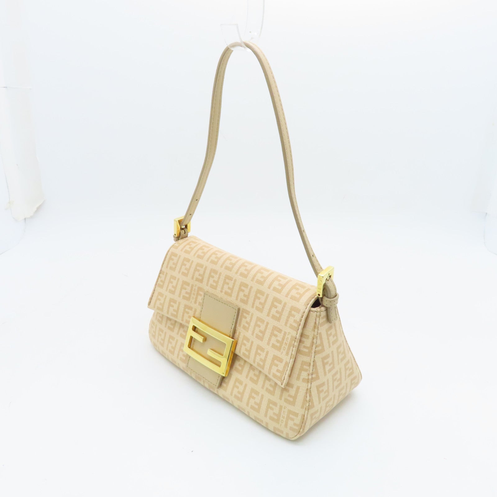 FENDI Canvas Lux Uness Gold Buckle Handle Shoulder Bag Apricot