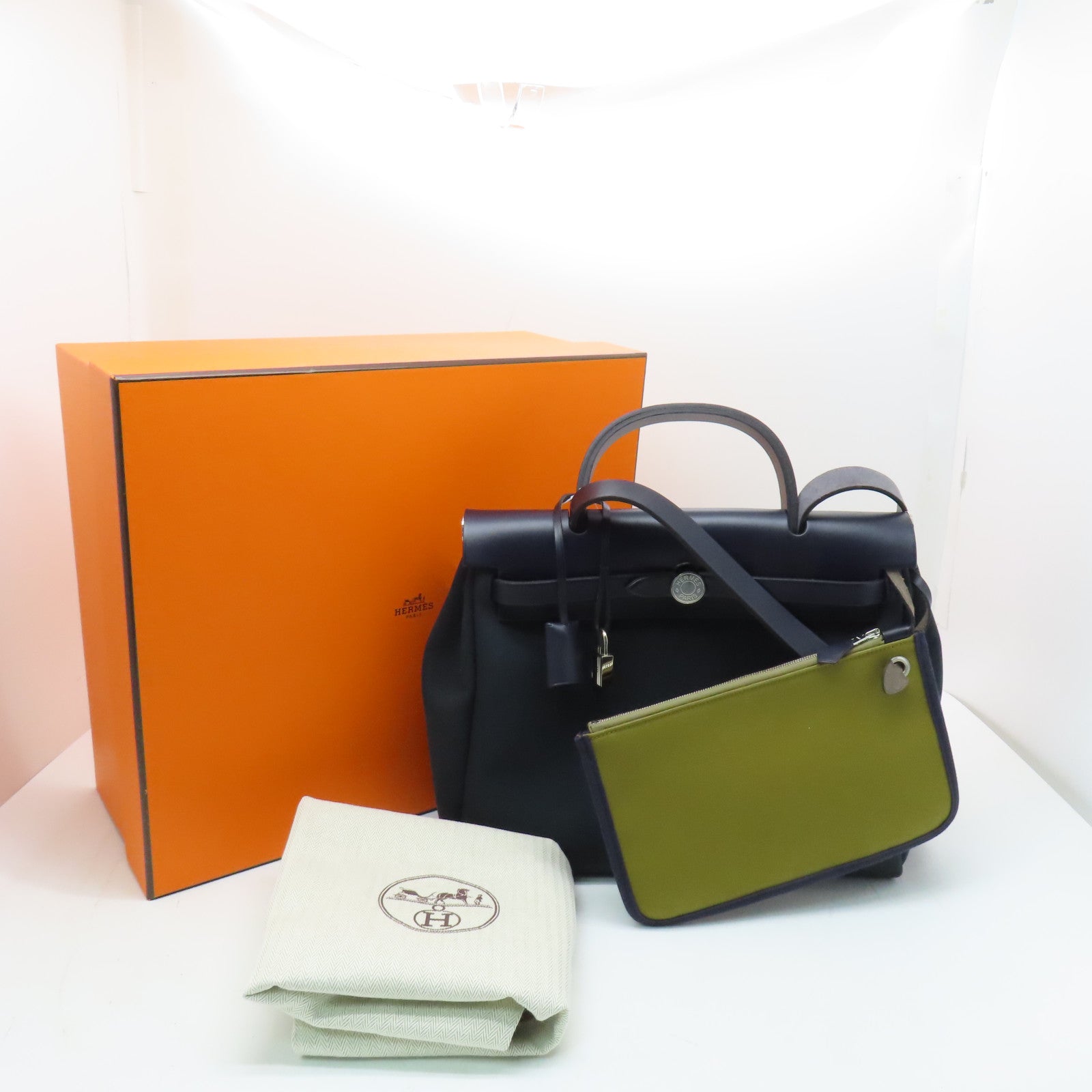 HERMES canvas Herbag PM silver buckle handle shoulder bag green