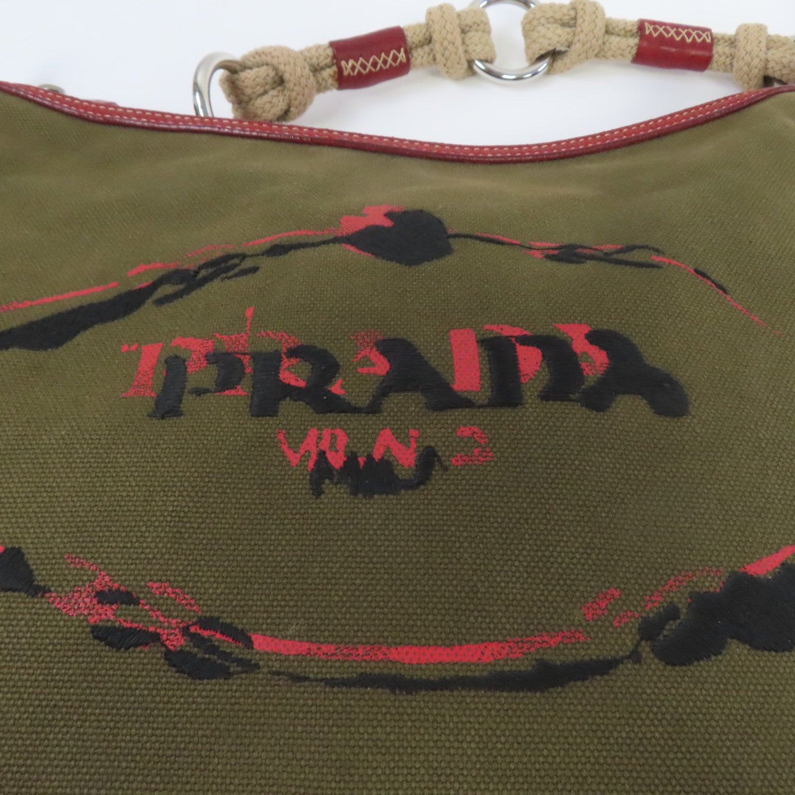PRADA 帆布Shoulder Bag銀扣肩背袋綠色/紅色