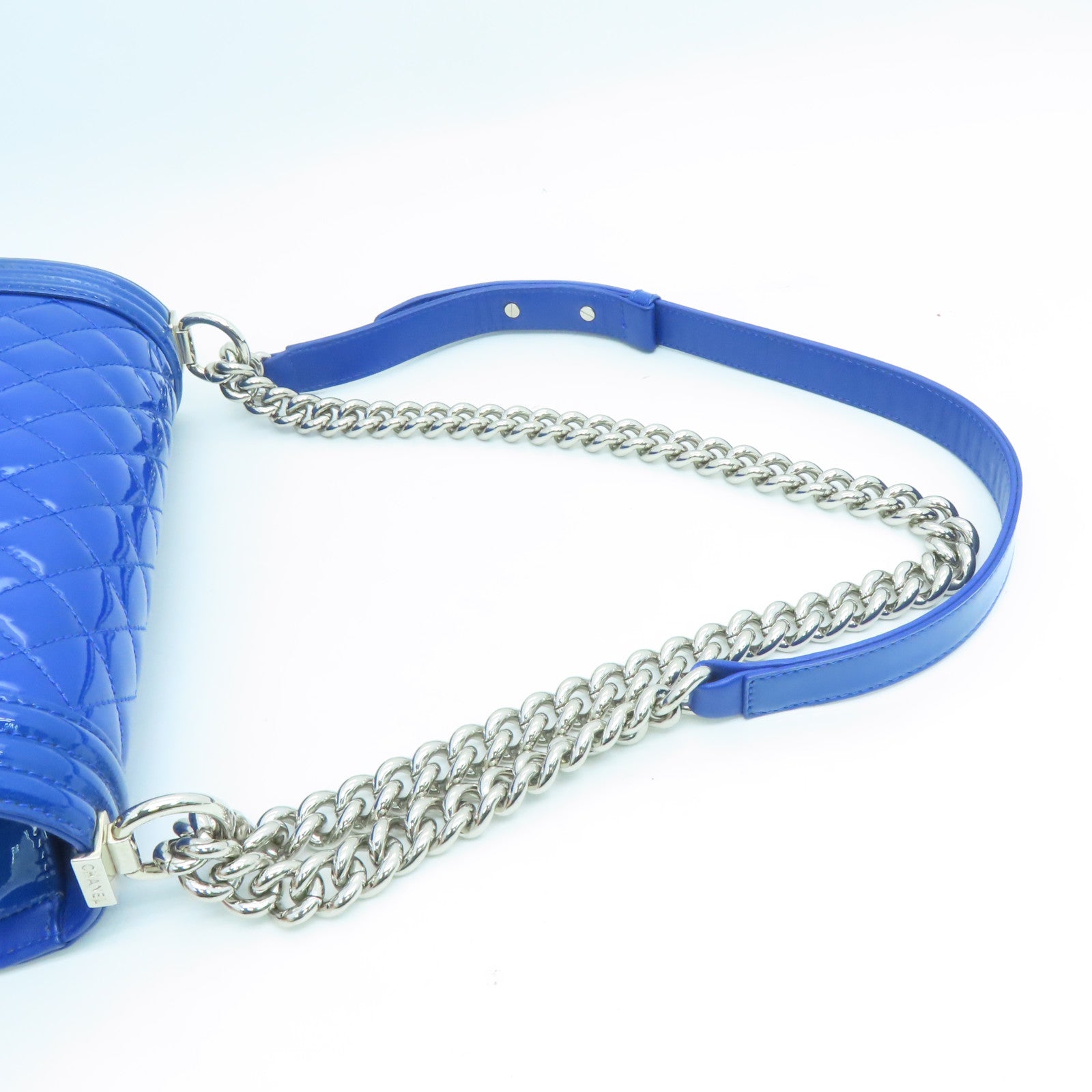 CHANEL Diamond Patent Leather Chanel Boy 25cm Silver Buckle Chain Shoulder Bag Blue