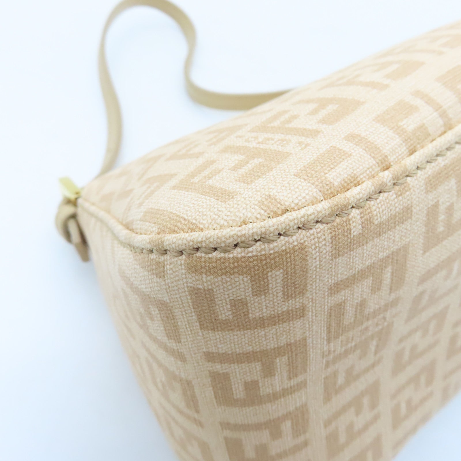 FENDI Canvas Lux Uness Gold Buckle Handle Shoulder Bag Apricot