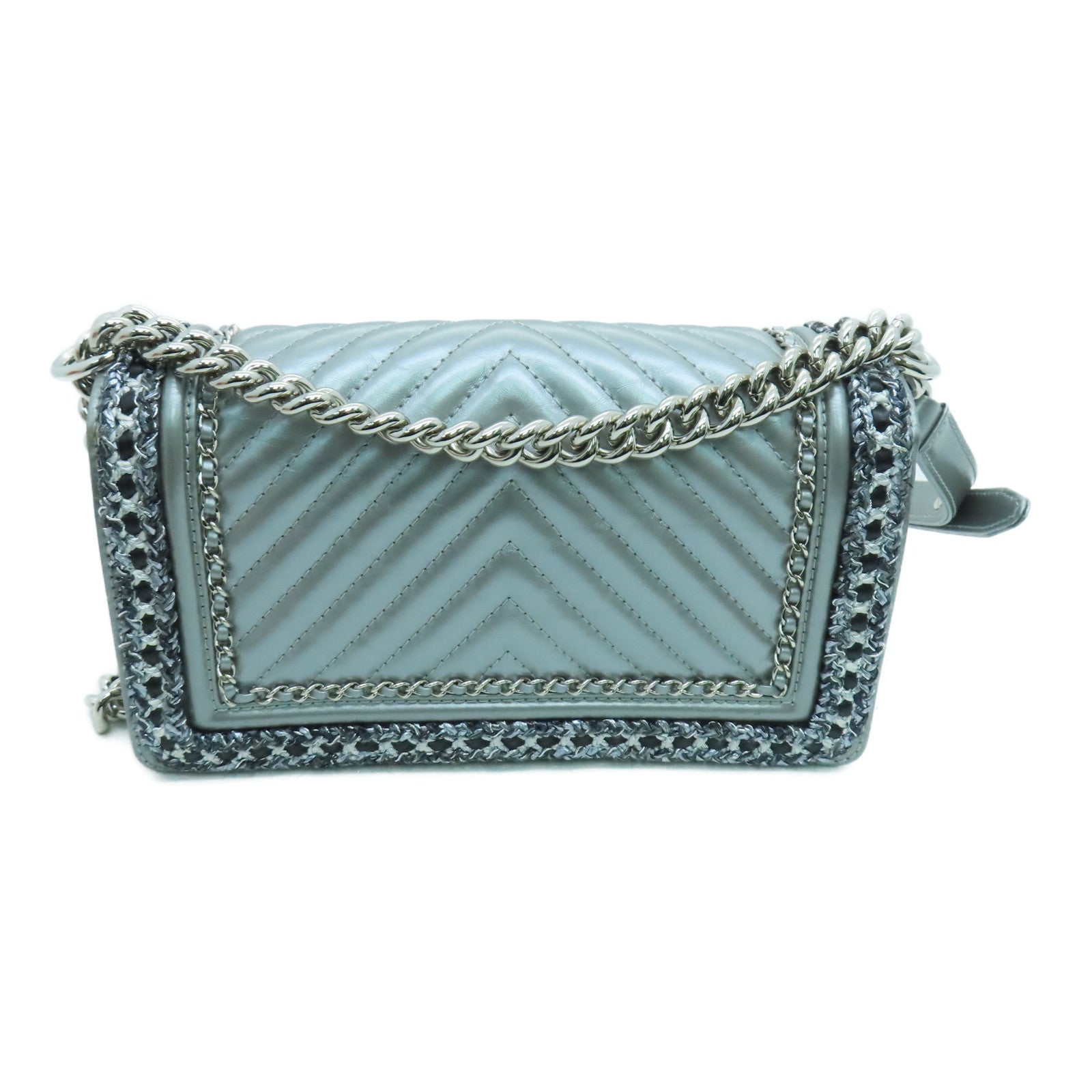 CHANEL 牛皮皮革Boy 25 Chain Shoulder鏈條銀扣肩背袋灰色