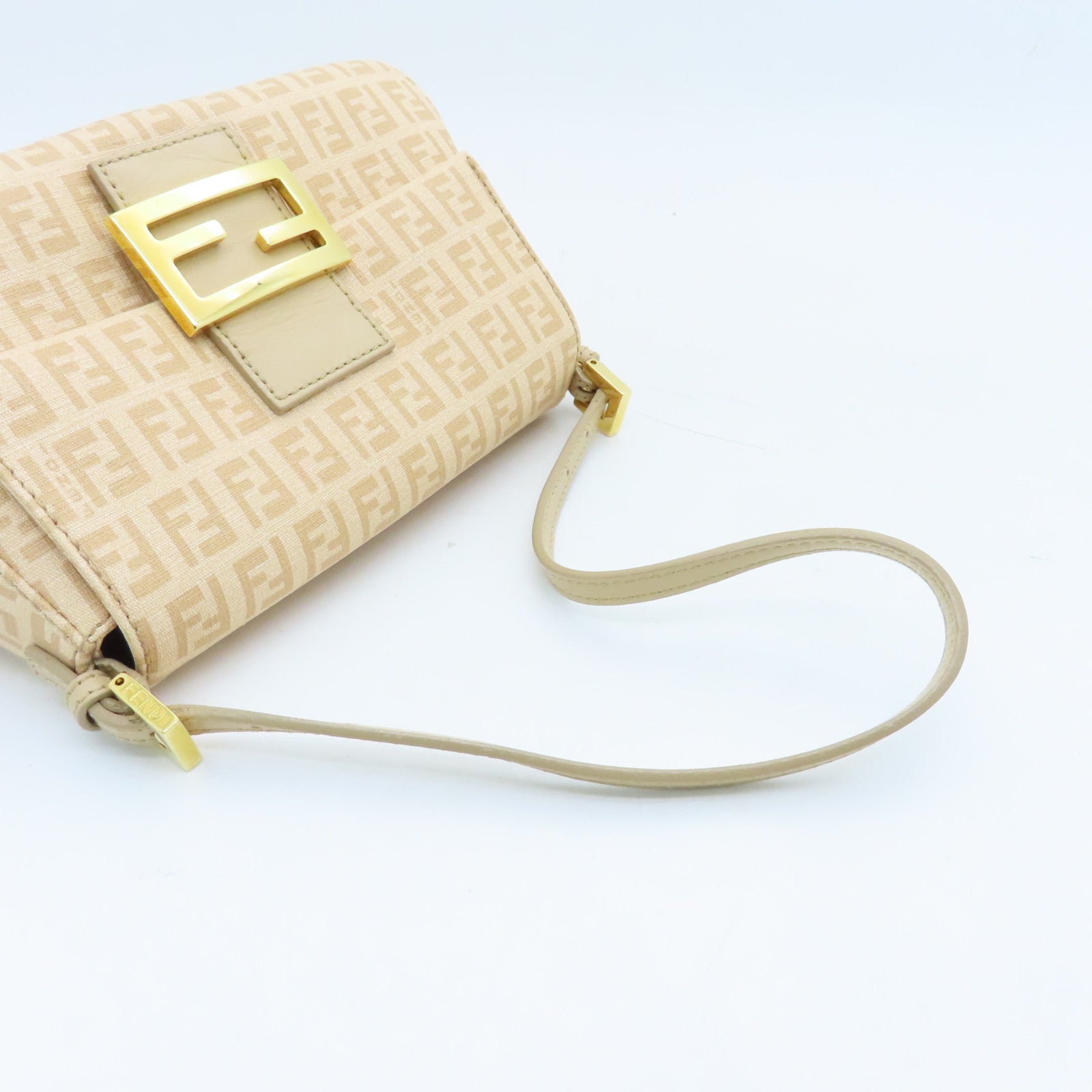 FENDI Canvas Lux Uness Gold Buckle Handle Shoulder Bag Apricot