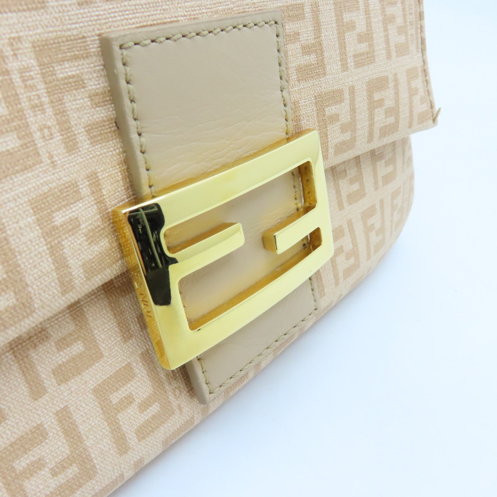 FENDI Canvas Lux Uness Gold Buckle Handle Shoulder Bag Apricot