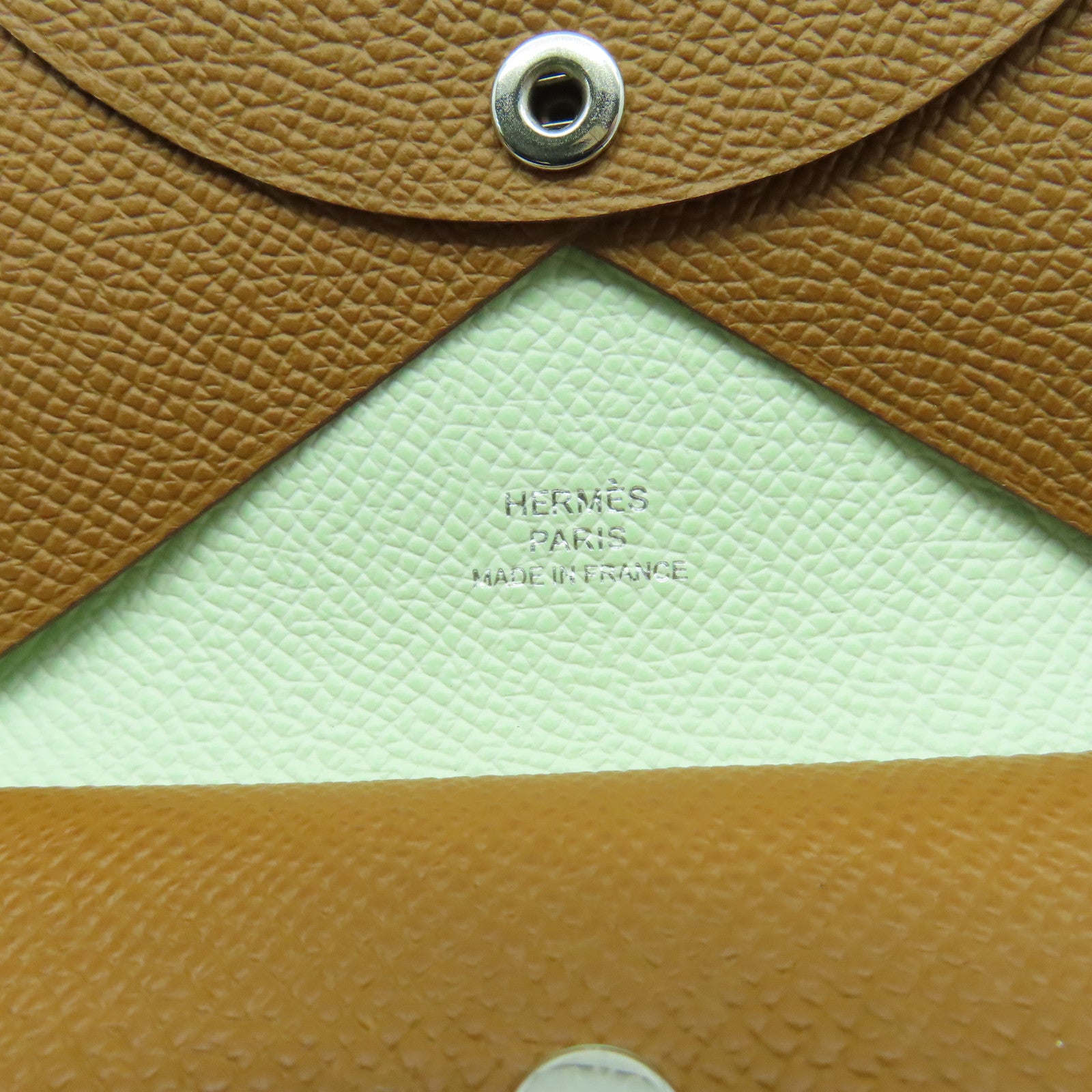HERMES  Epsom皮革Calvi Duo銀扣卡片套Gold經典駝色