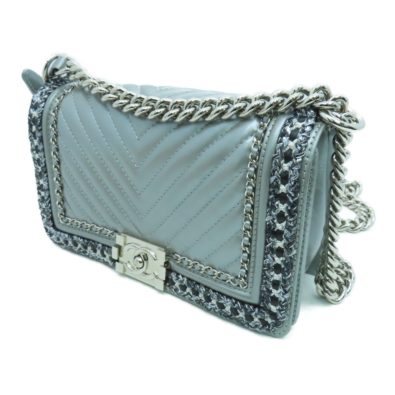 CHANEL 牛皮皮革Boy 25 Chain Shoulder鏈條銀扣肩背袋灰色