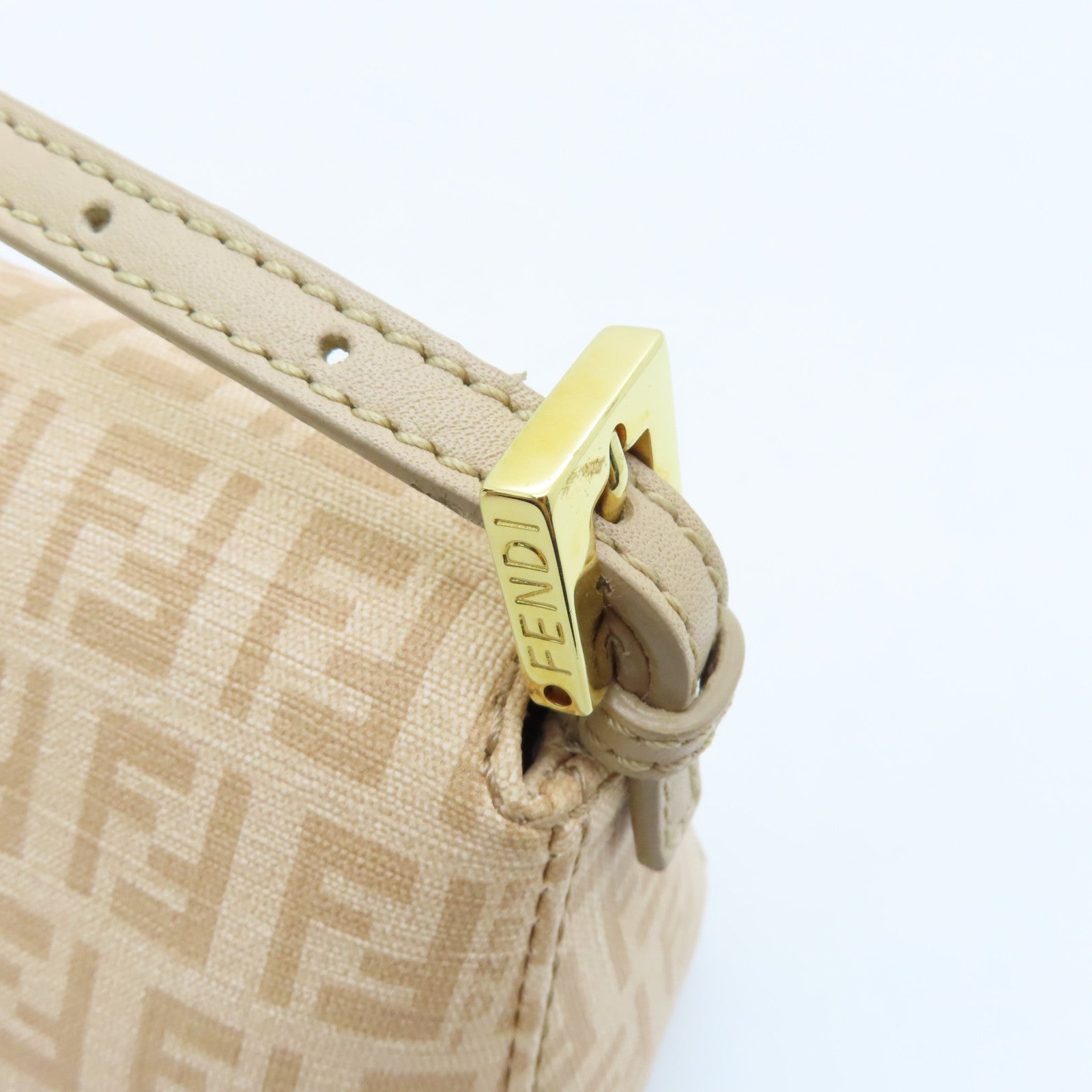 FENDI Canvas Lux Uness Gold Buckle Handle Shoulder Bag Apricot