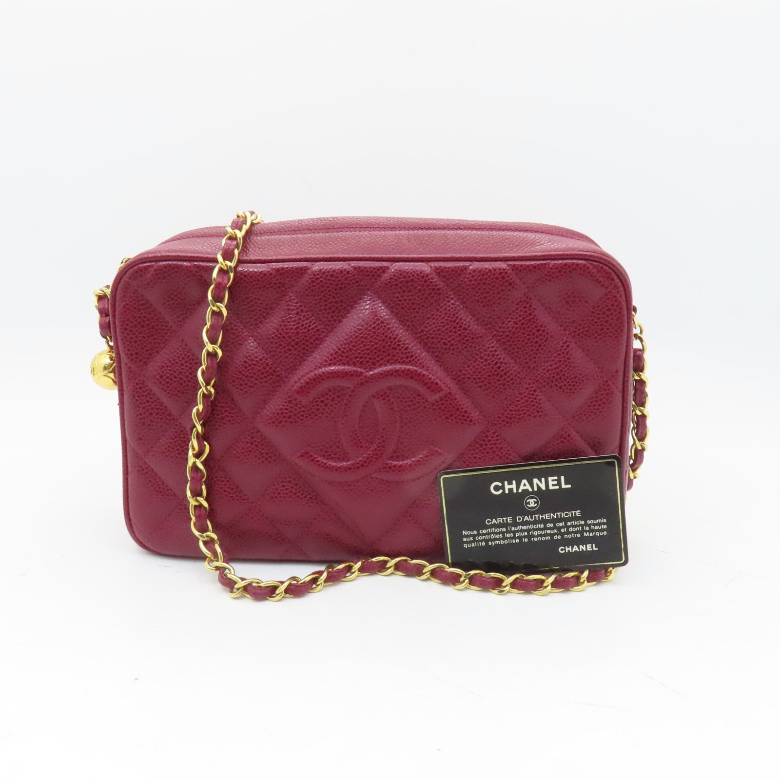 CHANEL 菱格Caviar皮革Chain Shoulder Bag金扣鏈帶肩背袋紅色