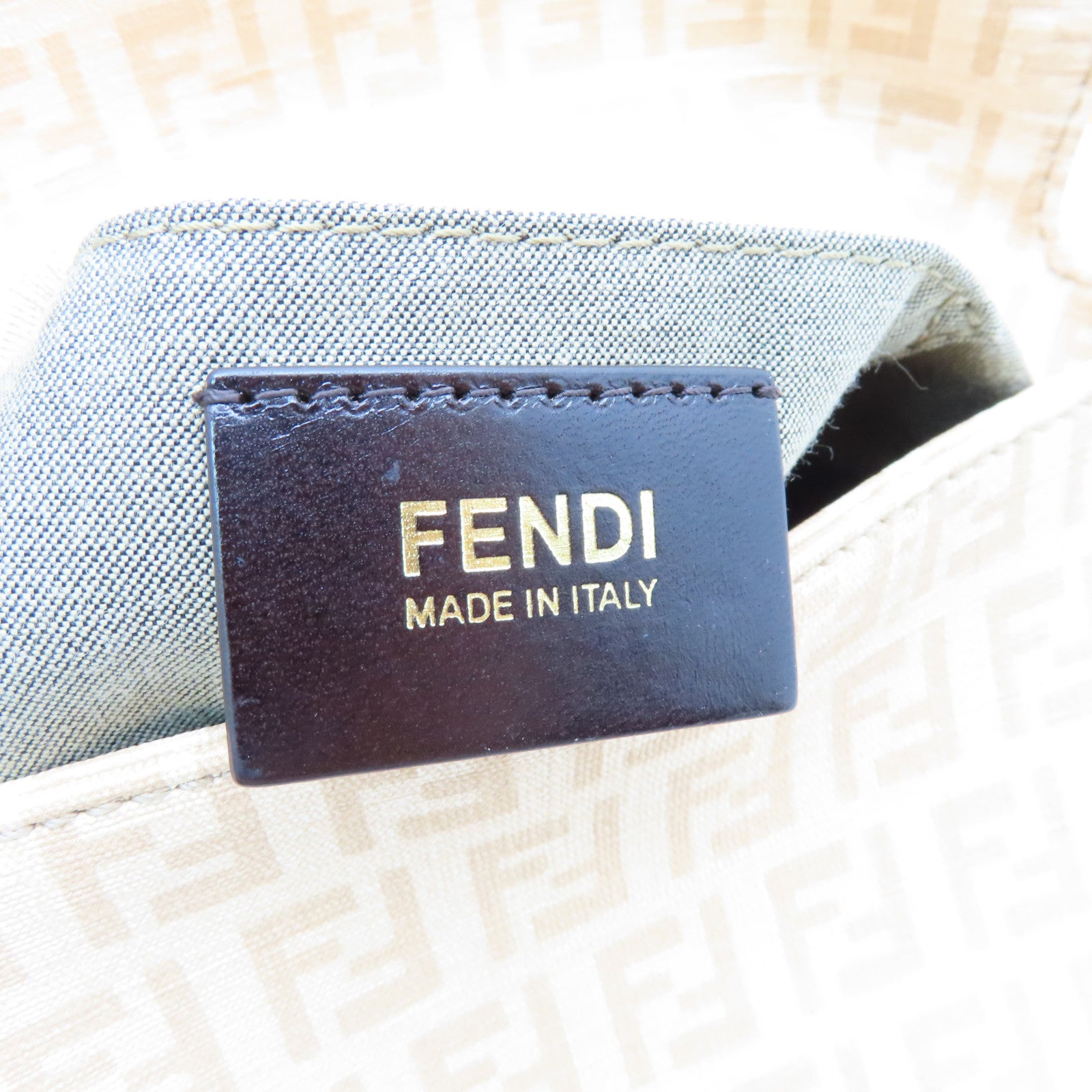FENDI Canvas Lux Uness Gold Buckle Handle Shoulder Bag Apricot