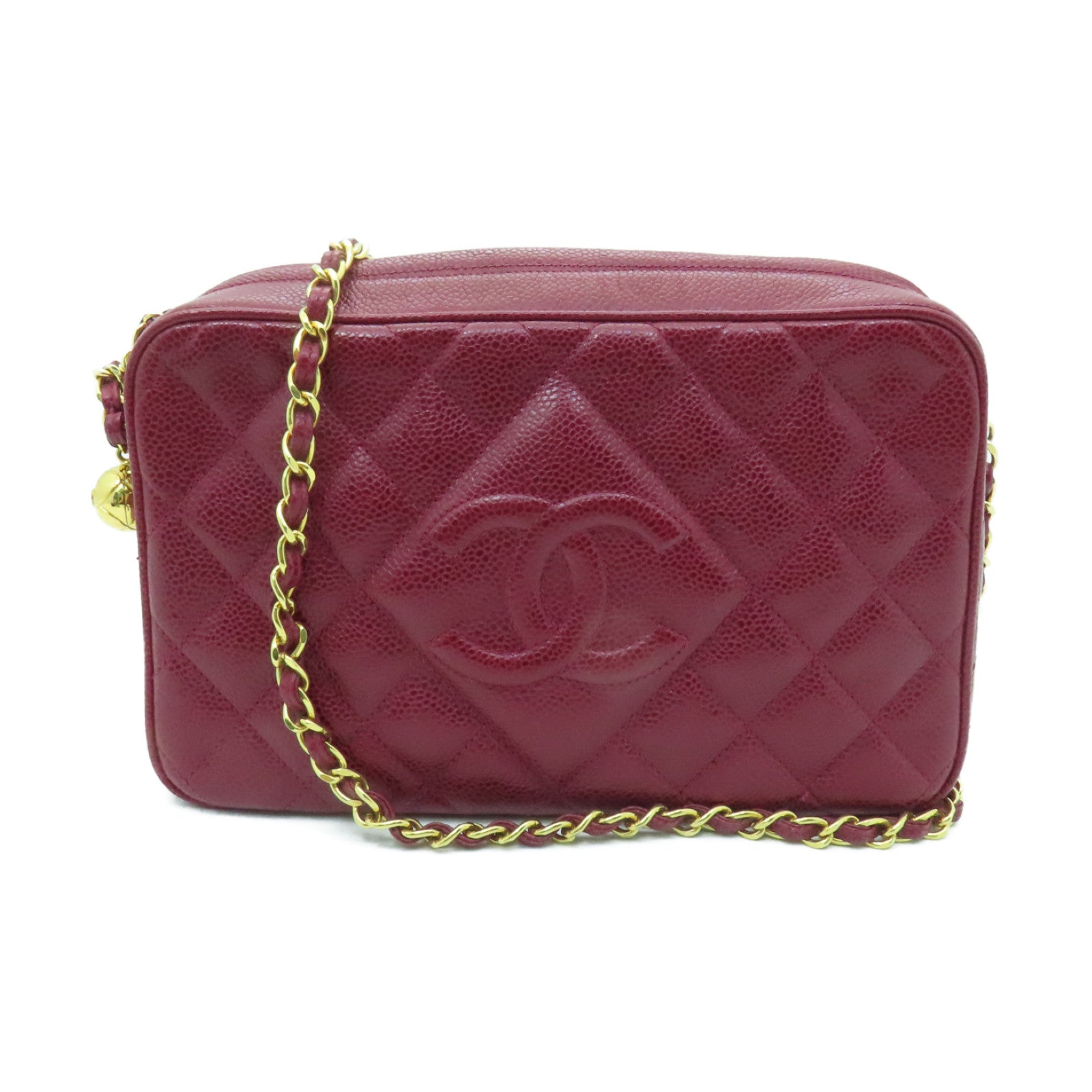 CHANEL 菱格Caviar皮革Chain Shoulder Bag金扣鏈帶肩背袋紅色