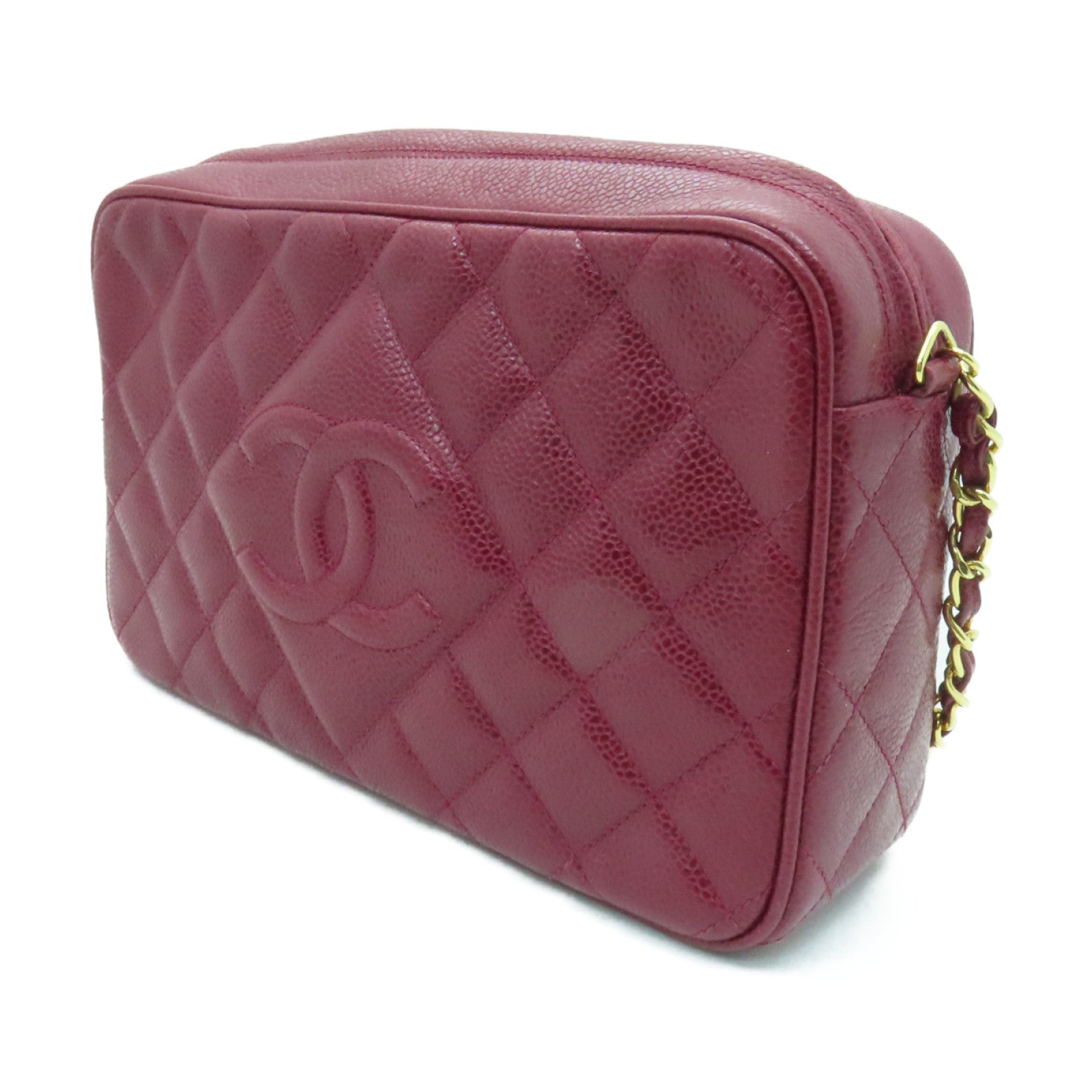 CHANEL 菱格Caviar皮革Chain Shoulder Bag金扣鏈帶肩背袋紅色