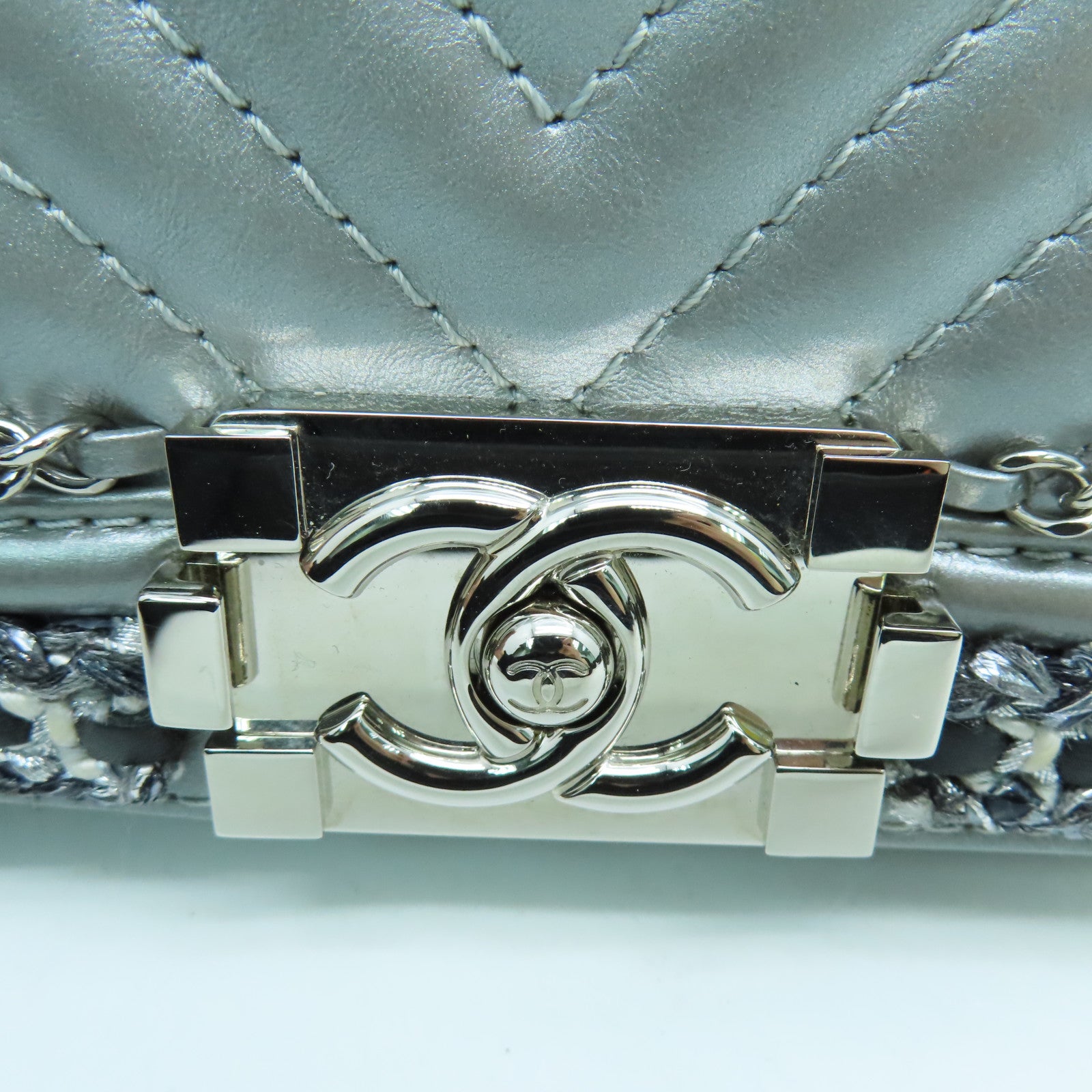 CHANEL 牛皮皮革Boy 25 Chain Shoulder鏈條銀扣肩背袋灰色