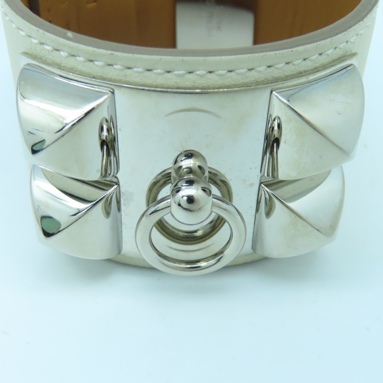 HERMES 【激減優惠】牛皮皮革/金屬CDC Bangle銀扣手鐲白色