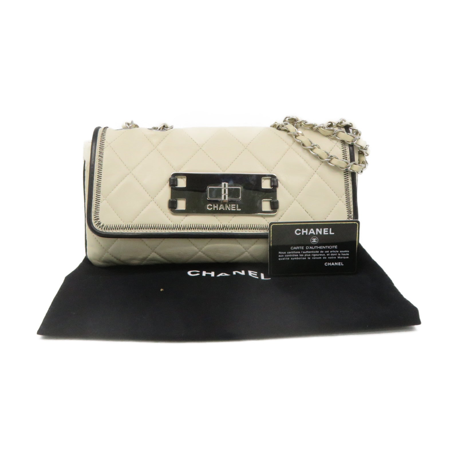 CHANEL 菱格牛皮皮革Chain Shoulder Bag銀扣鏈帶肩背袋米白色