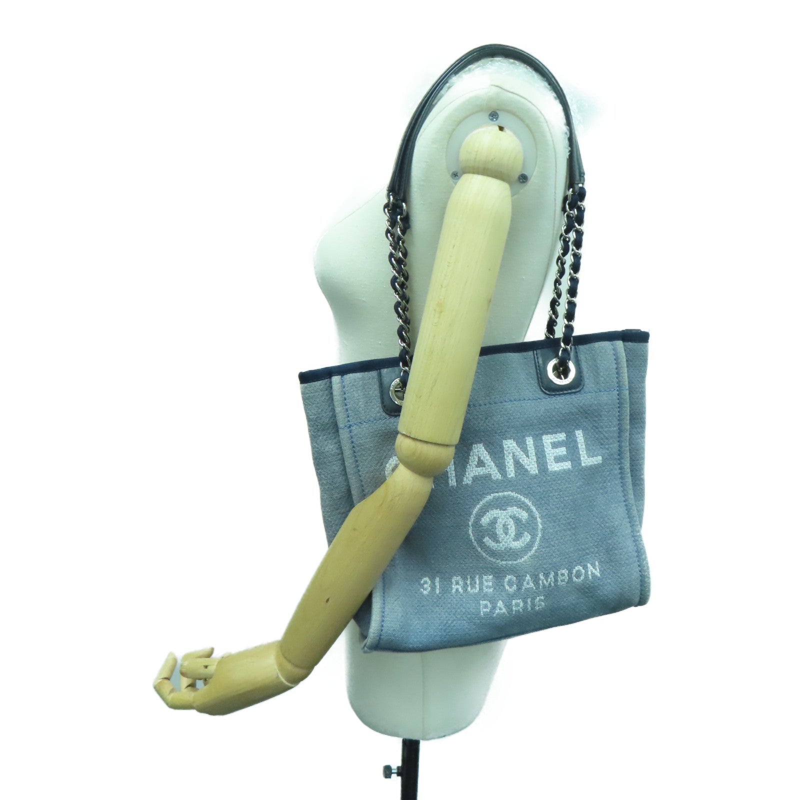 CHANEL 【激減優惠】帆布Deauville Tote Bag銀扣手挽袋藍色