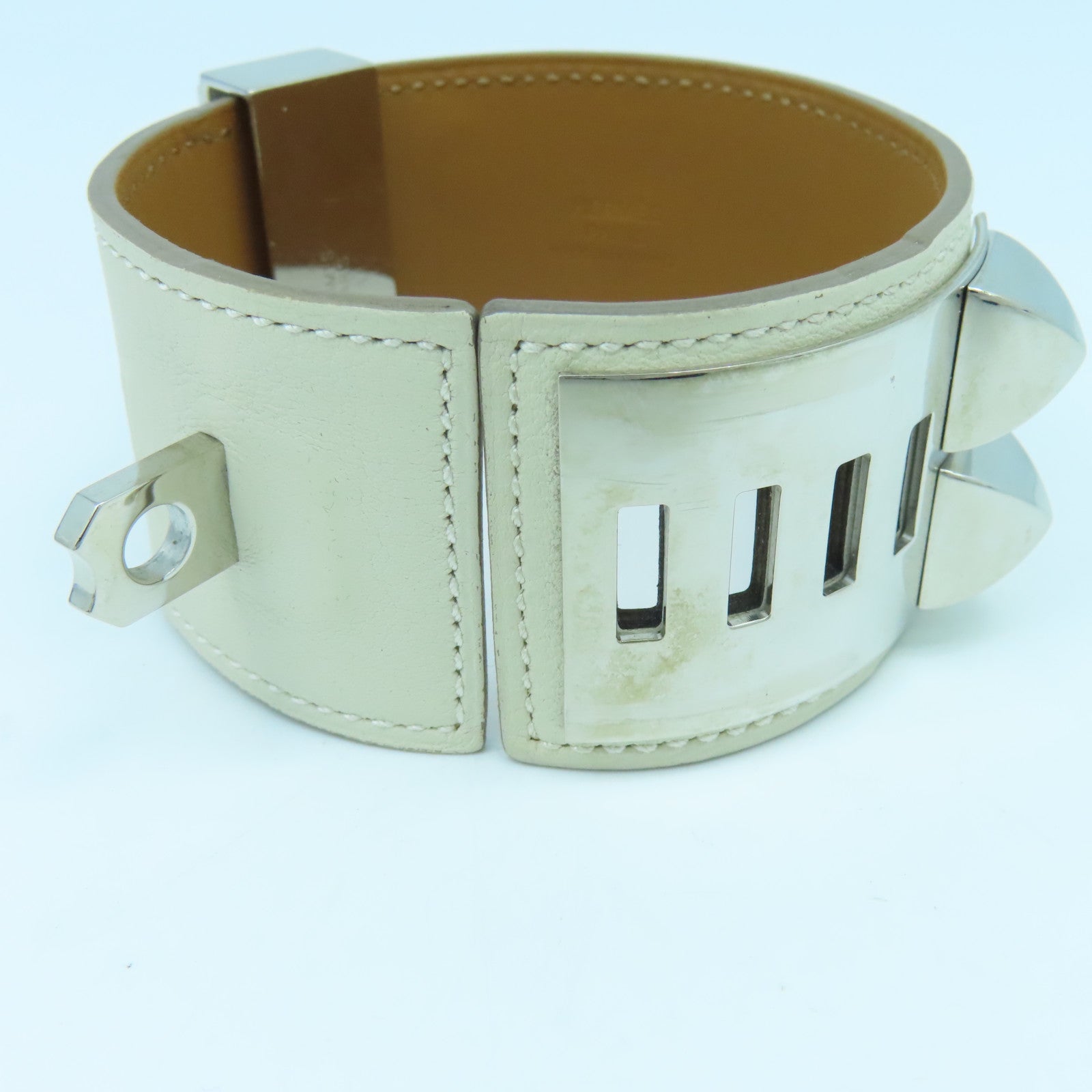 HERMES 【激減優惠】牛皮皮革/金屬CDC Bangle銀扣手鐲白色