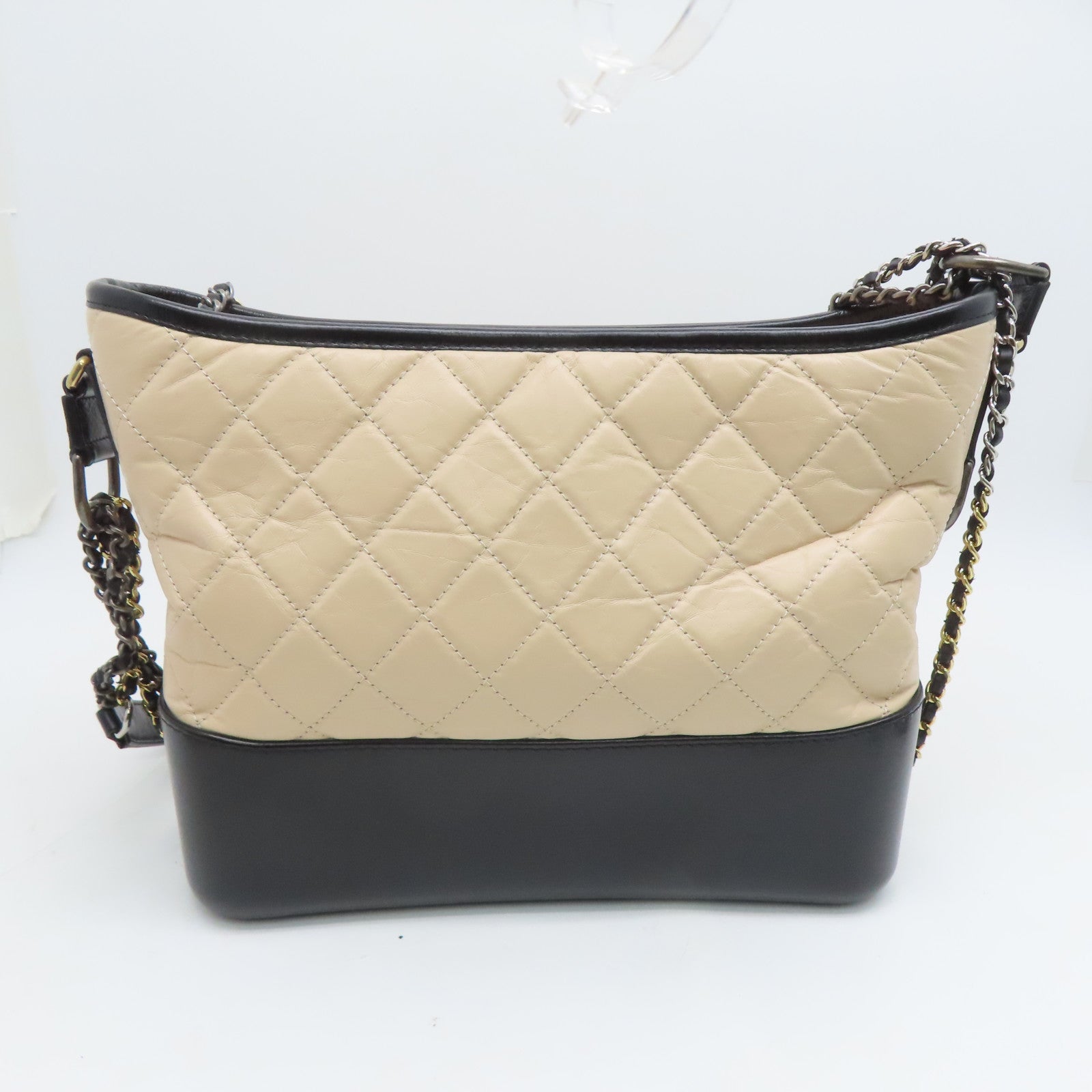 CHANEL 菱格牛皮皮革Gabrielle Large Hobo鏈帶肩背袋米色黑色