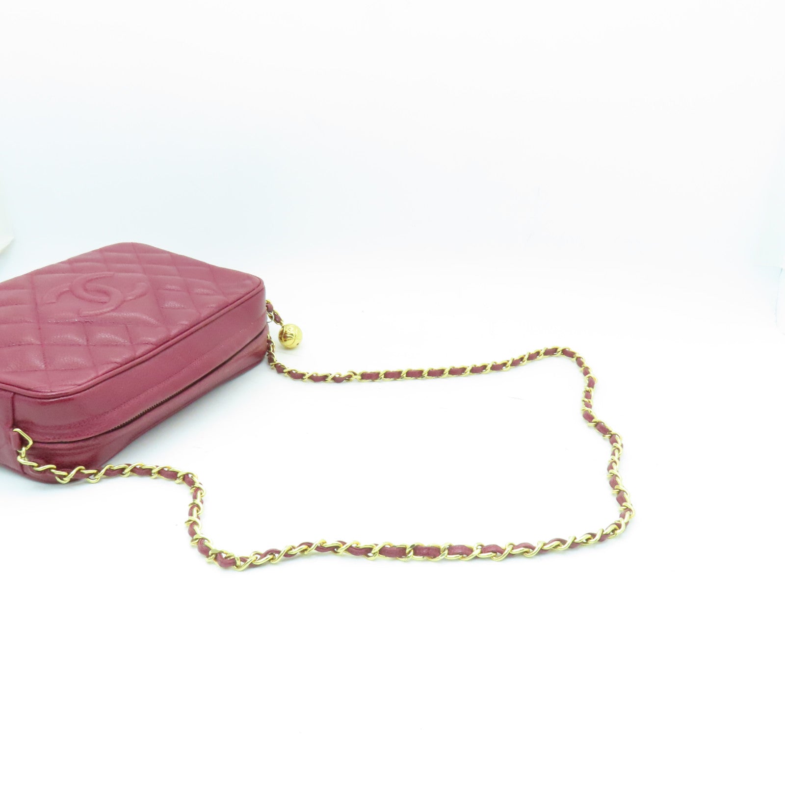 CHANEL 菱格Caviar皮革Chain Shoulder Bag金扣鏈帶肩背袋紅色