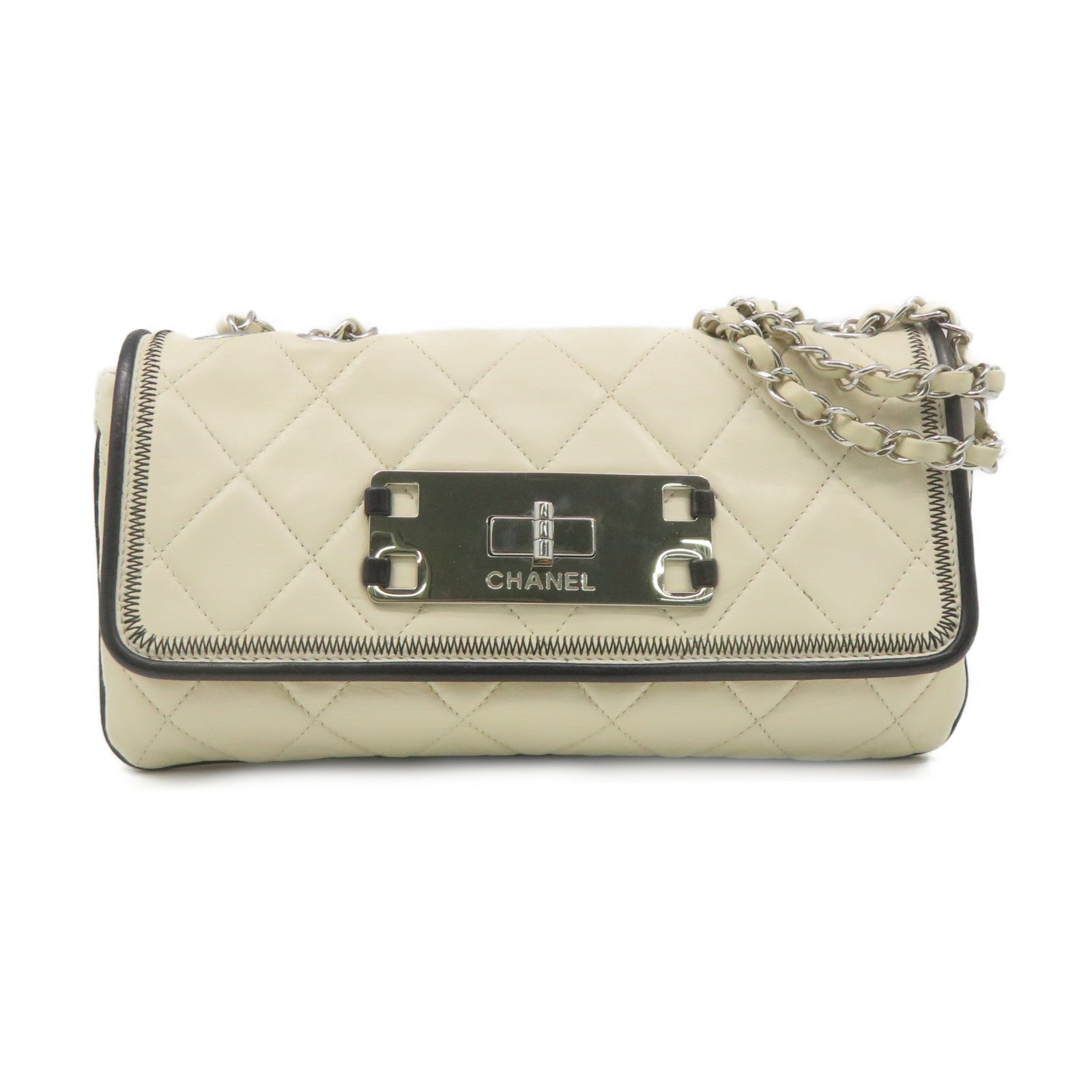 CHANEL 菱格牛皮皮革Chain Shoulder Bag銀扣鏈帶肩背袋米白色