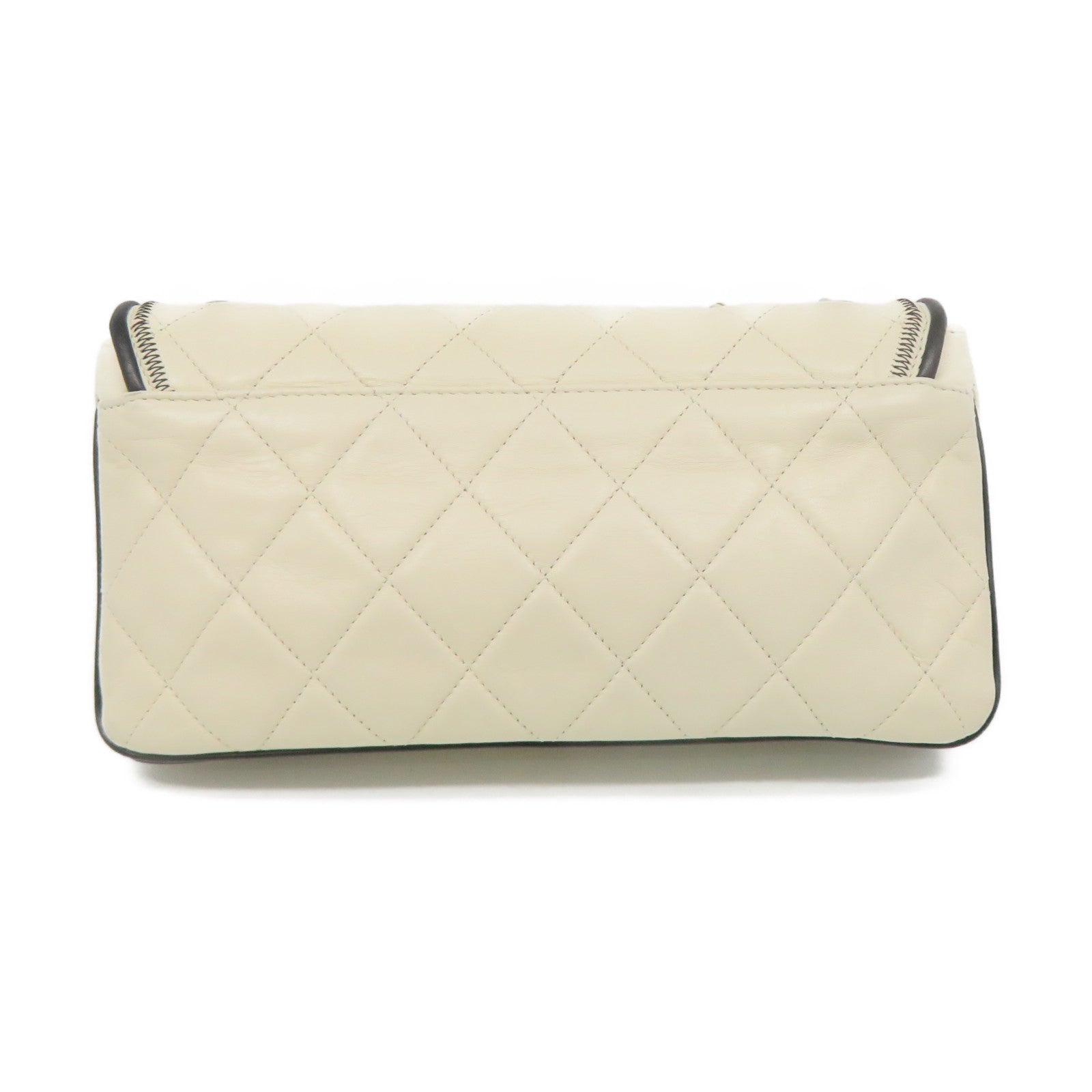 CHANEL 菱格牛皮皮革Chain Shoulder Bag銀扣鏈帶肩背袋米白色