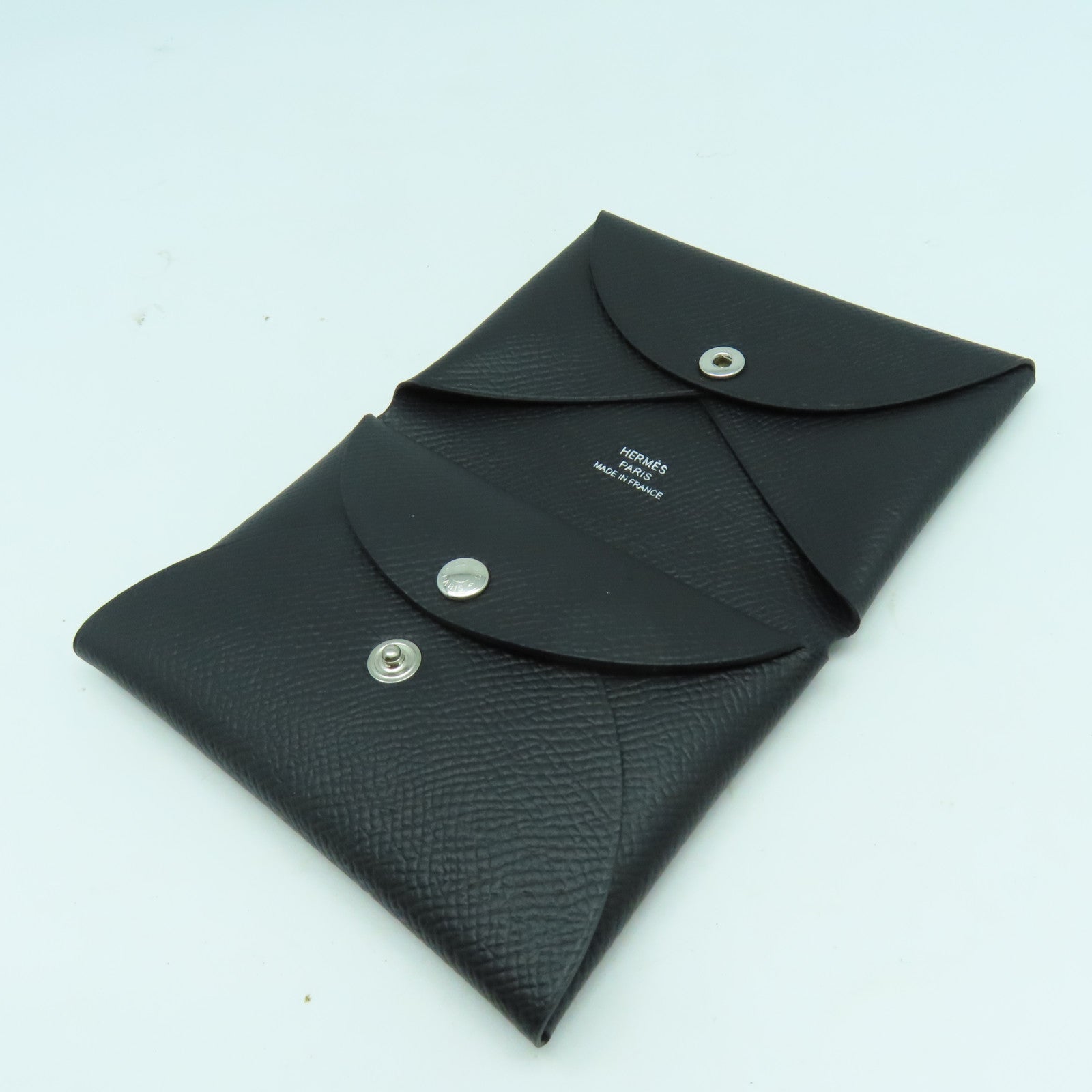 HERMES Epsom皮革Calvi Duo銀扣卡片套Noir黑色