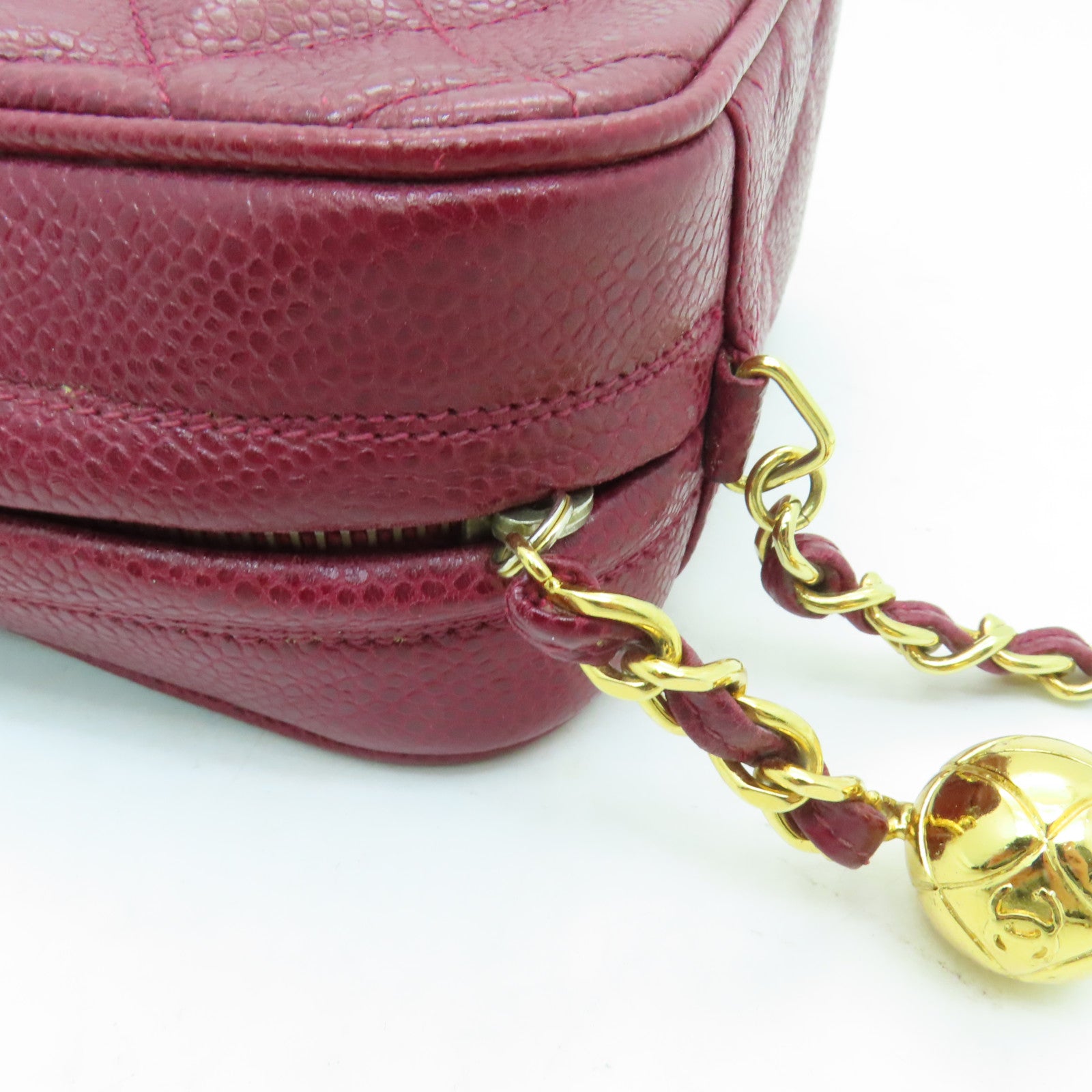 CHANEL 菱格Caviar皮革Chain Shoulder Bag金扣鏈帶肩背袋紅色