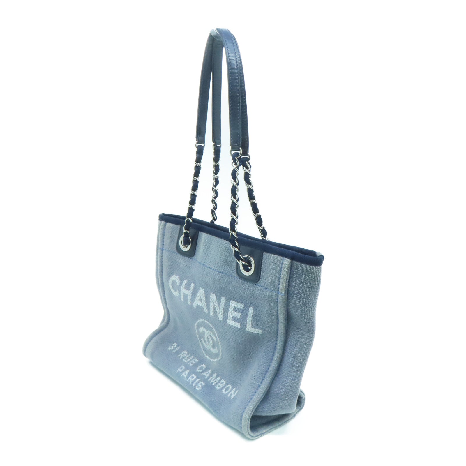 CHANEL 【激減優惠】帆布Deauville Tote Bag銀扣手挽袋藍色