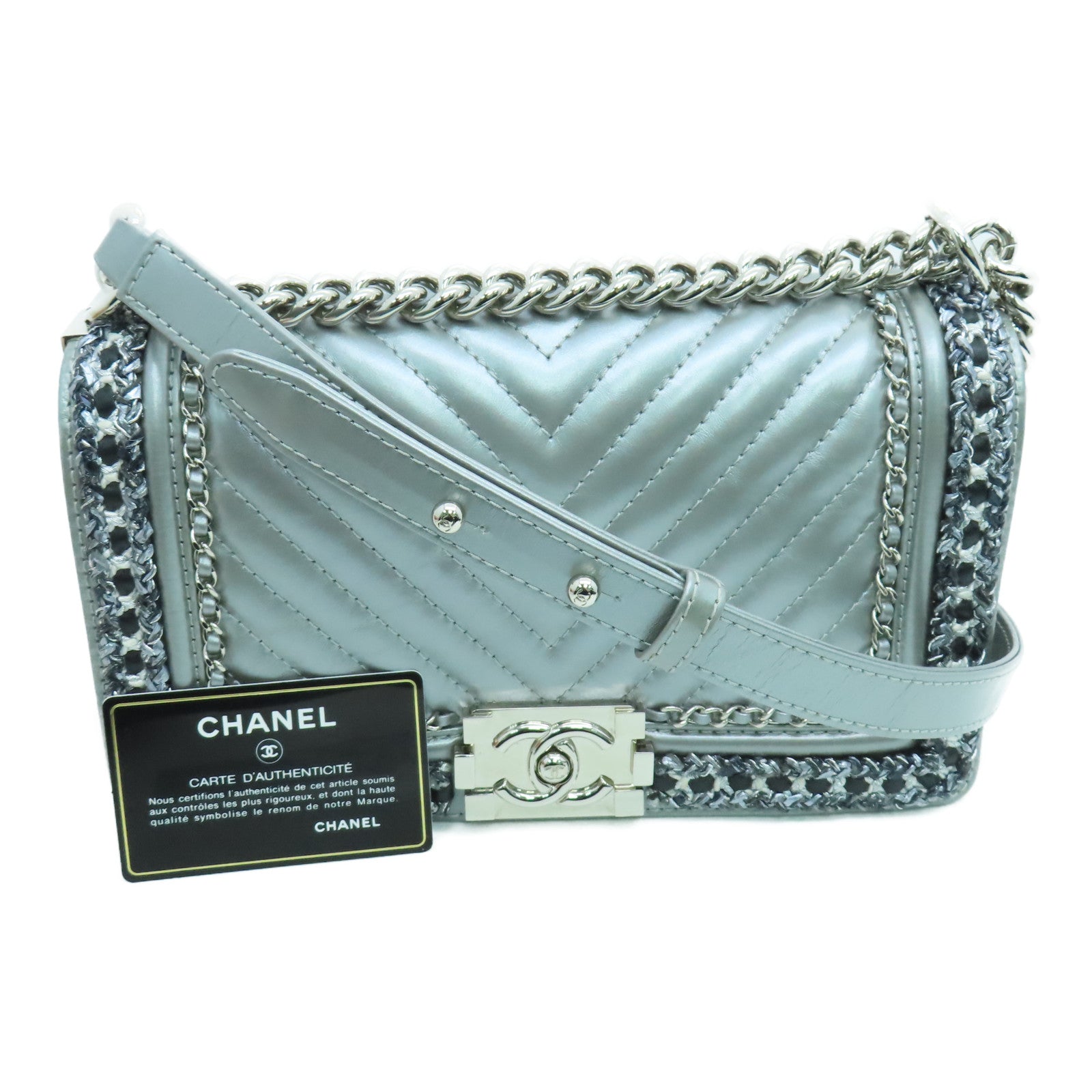 CHANEL 牛皮皮革Boy 25 Chain Shoulder鏈條銀扣肩背袋灰色