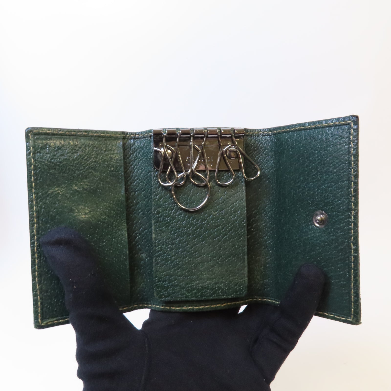 GUCCI 帆布Key Holder銀扣鎖匙包啡色/綠色