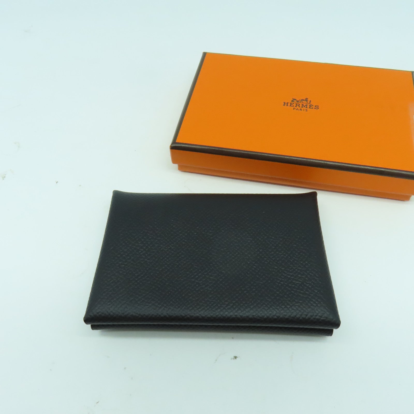 HERMES Epsom皮革Calvi Duo銀扣卡片套Noir黑色