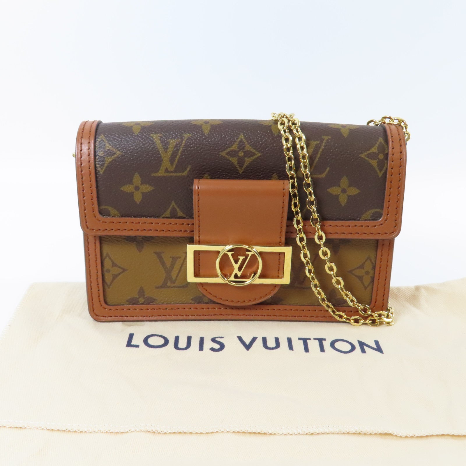 LOUIS VUITTON Monogram Reverse Dauphine金扣鏈帶肩背袋啡色