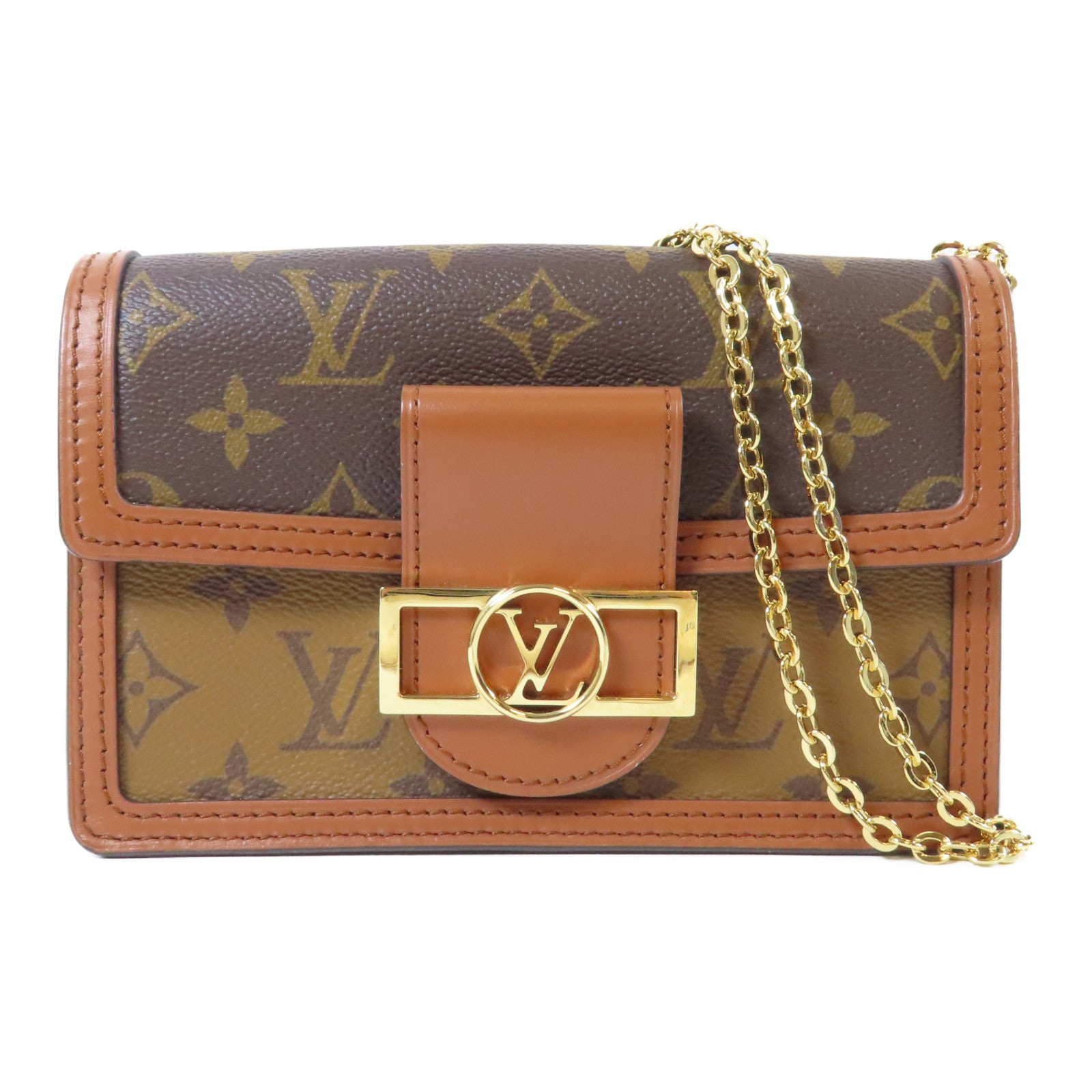 LOUIS VUITTON Monogram Reverse Dauphine金扣鏈帶肩背袋啡色