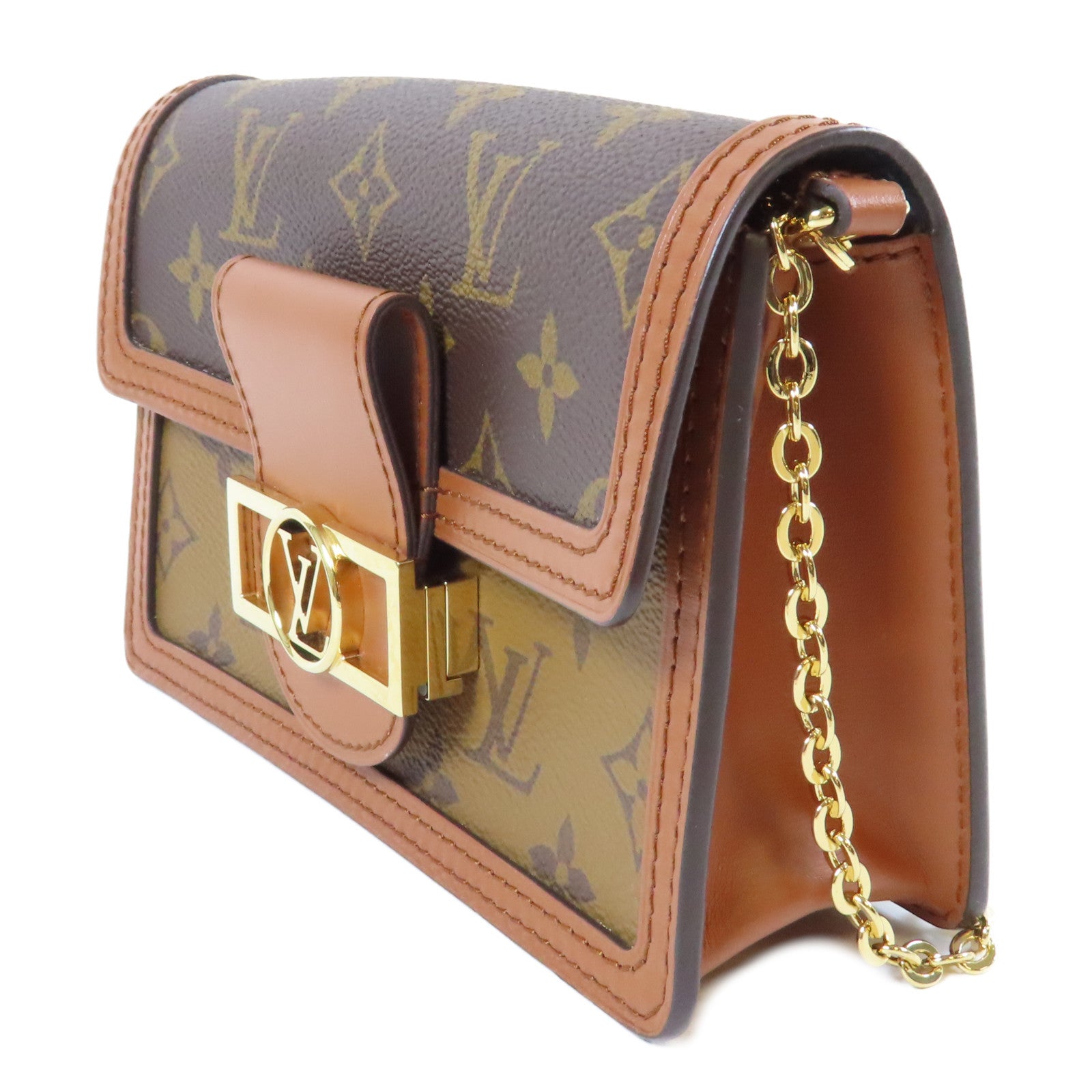 LOUIS VUITTON Monogram Reverse Dauphine金扣鏈帶肩背袋啡色