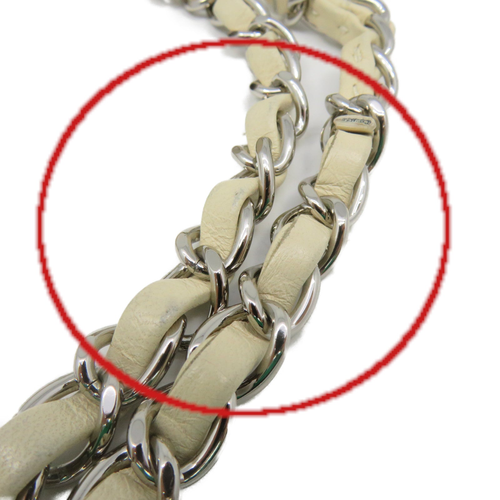 CHANEL 菱格牛皮皮革Chain Shoulder Bag銀扣鏈帶肩背袋米白色