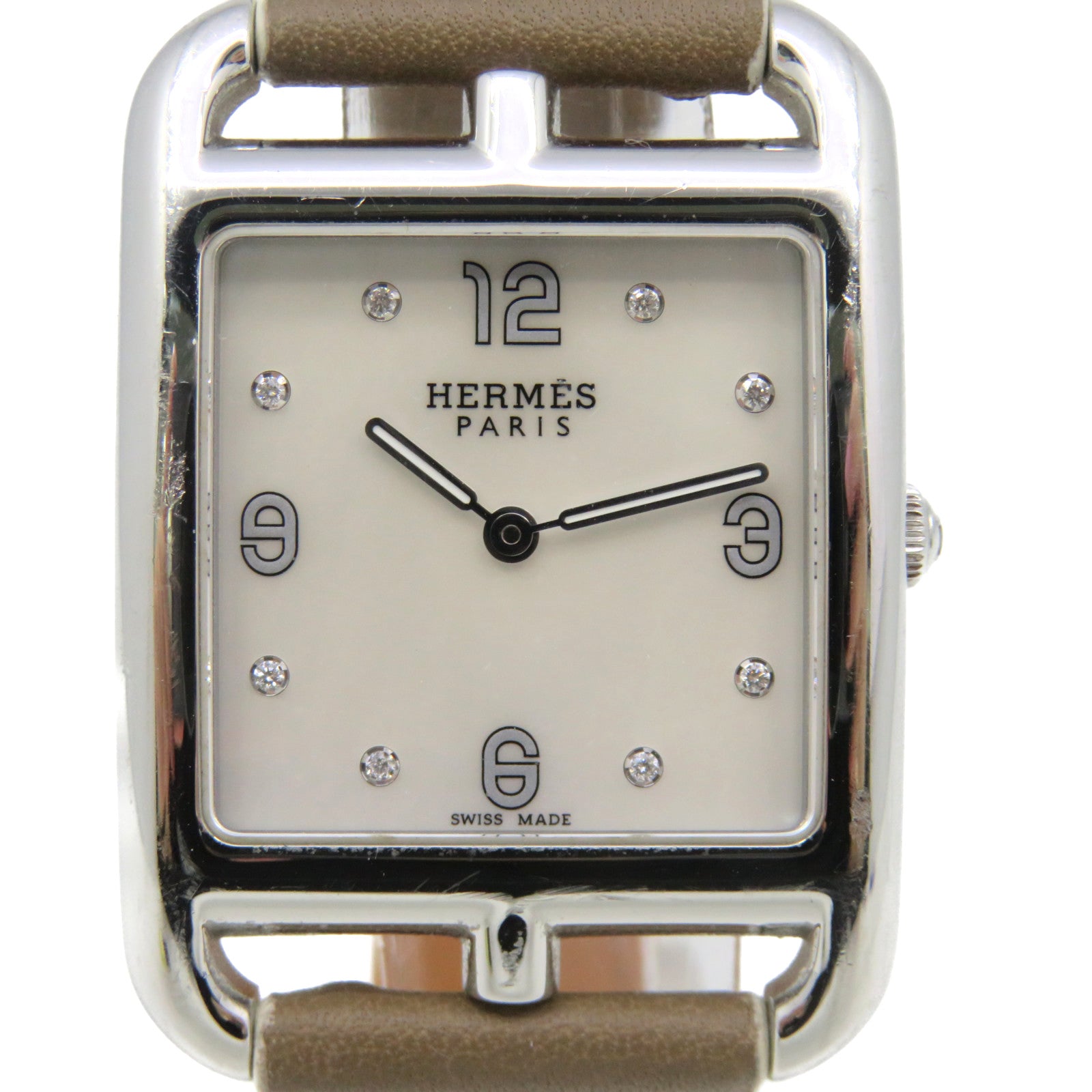 HERMES Capecod牛皮皮革/不鏽鋼Watch石英機芯手錶貝殼色/啡色