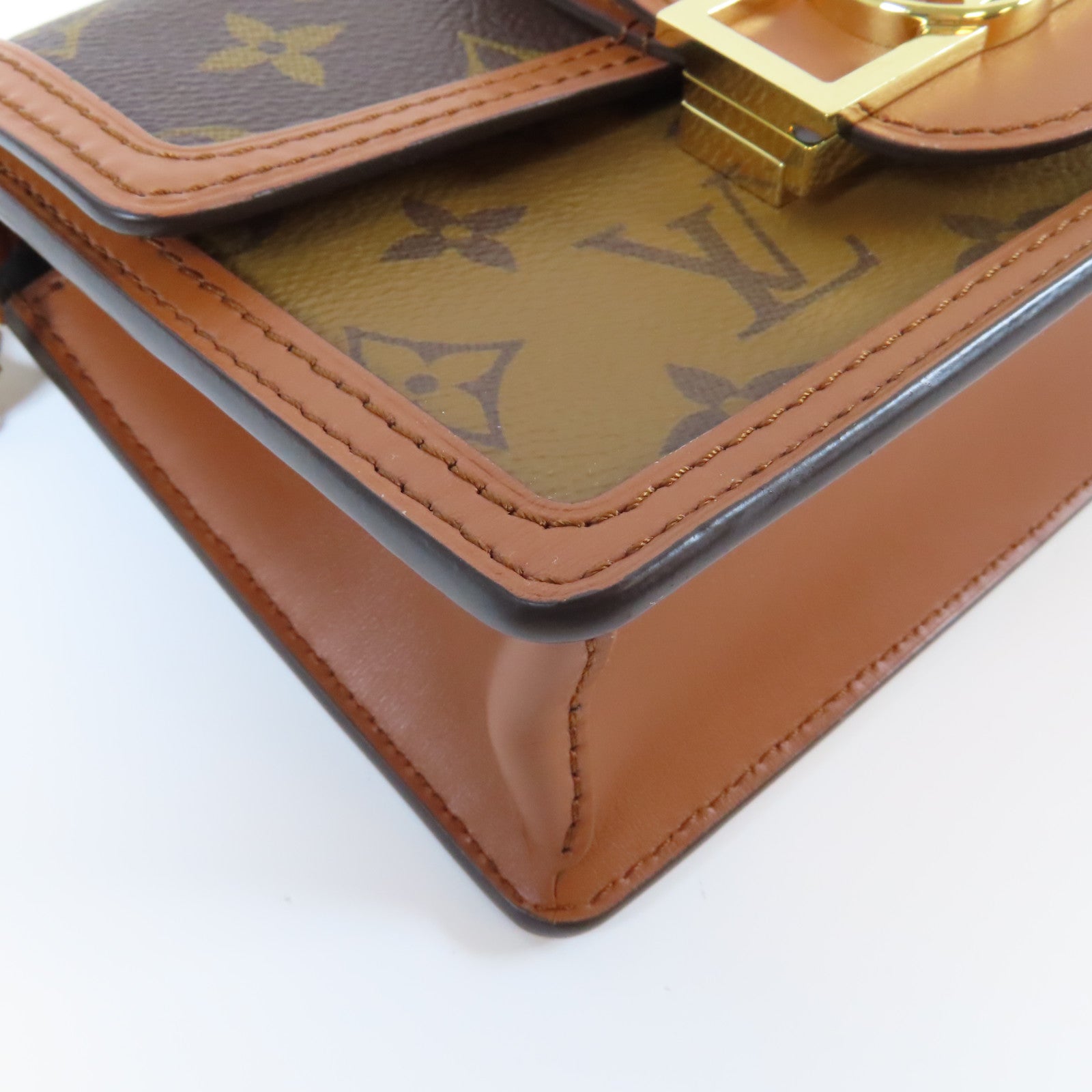 LOUIS VUITTON Monogram Reverse Dauphine金扣鏈帶肩背袋啡色