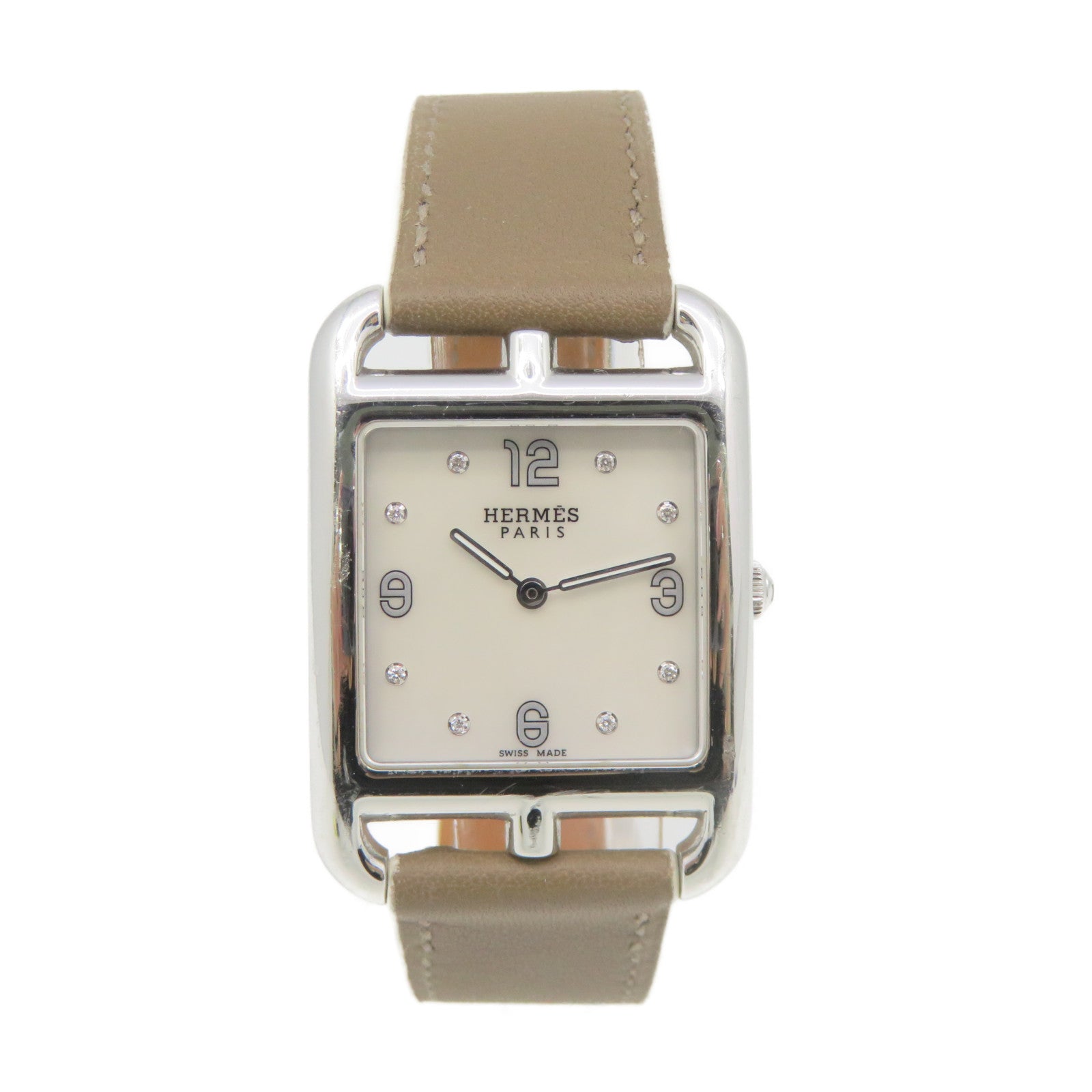 HERMES Capecod牛皮皮革/不鏽鋼Watch石英機芯手錶貝殼色/啡色