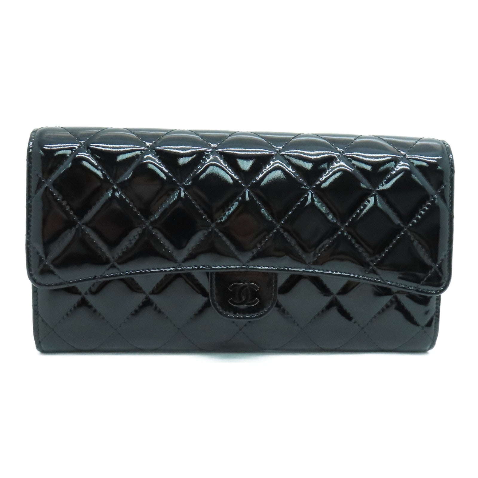 CHANEL 菱格漆皮皮革Long Wallet银扣长钱包黑色