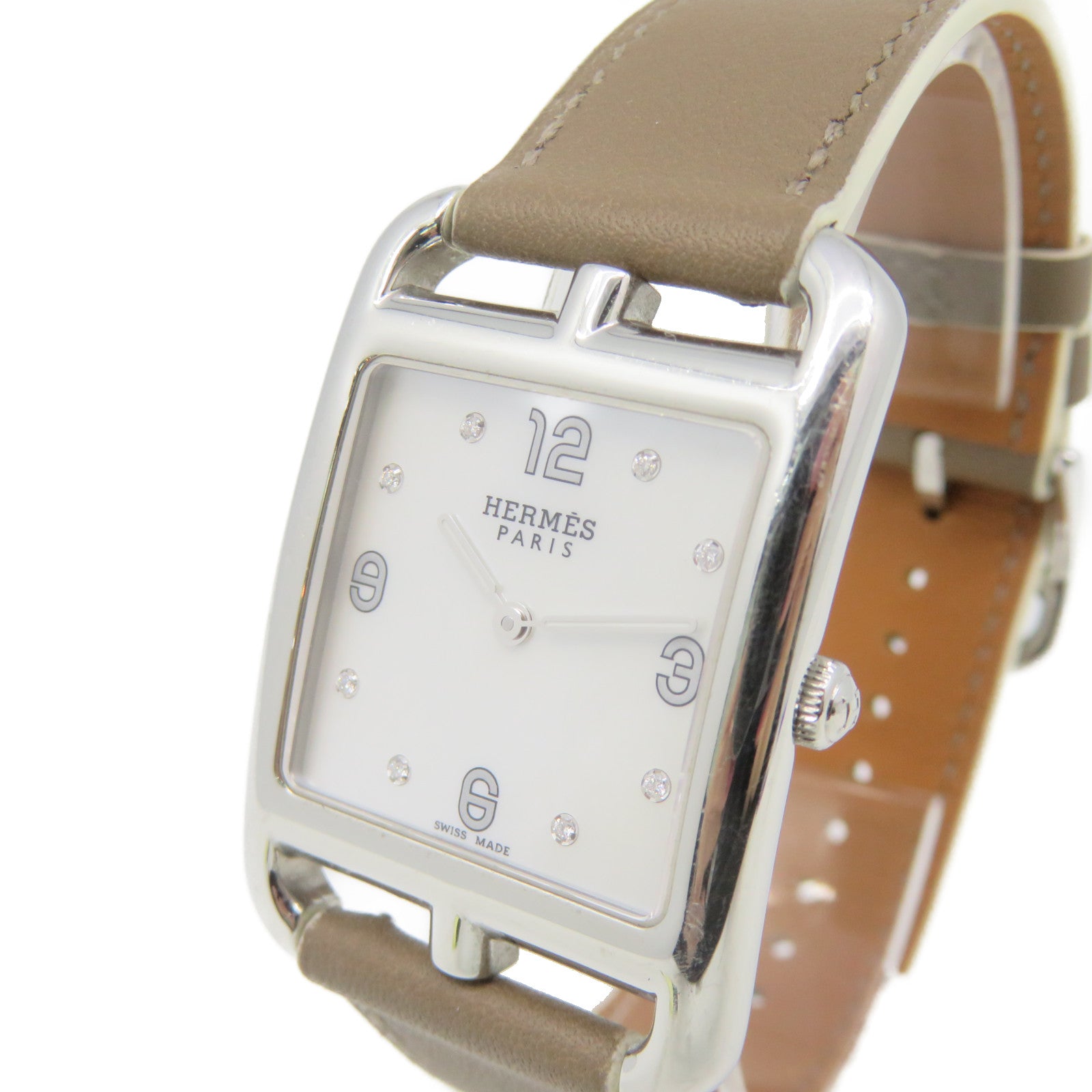HERMES Capecod牛皮皮革/不鏽鋼Watch石英機芯手錶貝殼色/啡色