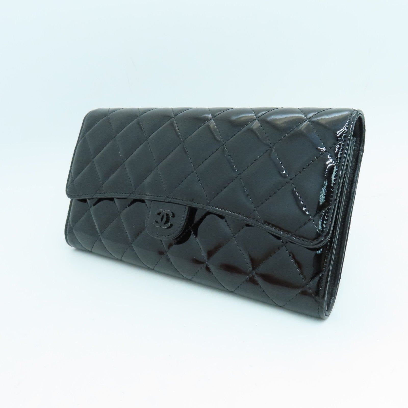 CHANEL 菱格漆皮皮革Long Wallet银扣长钱包黑色