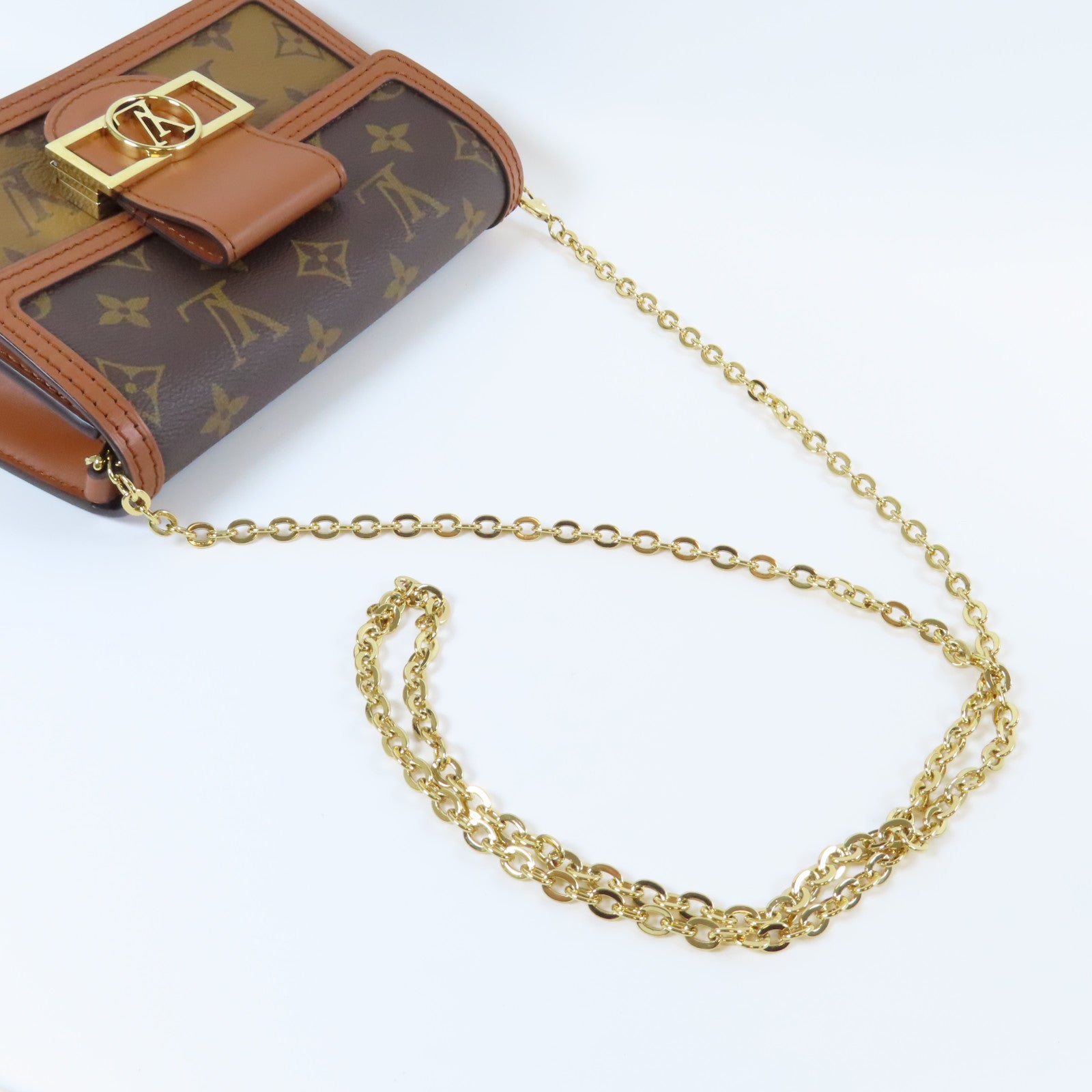 LOUIS VUITTON Monogram Reverse Dauphine金扣鏈帶肩背袋啡色