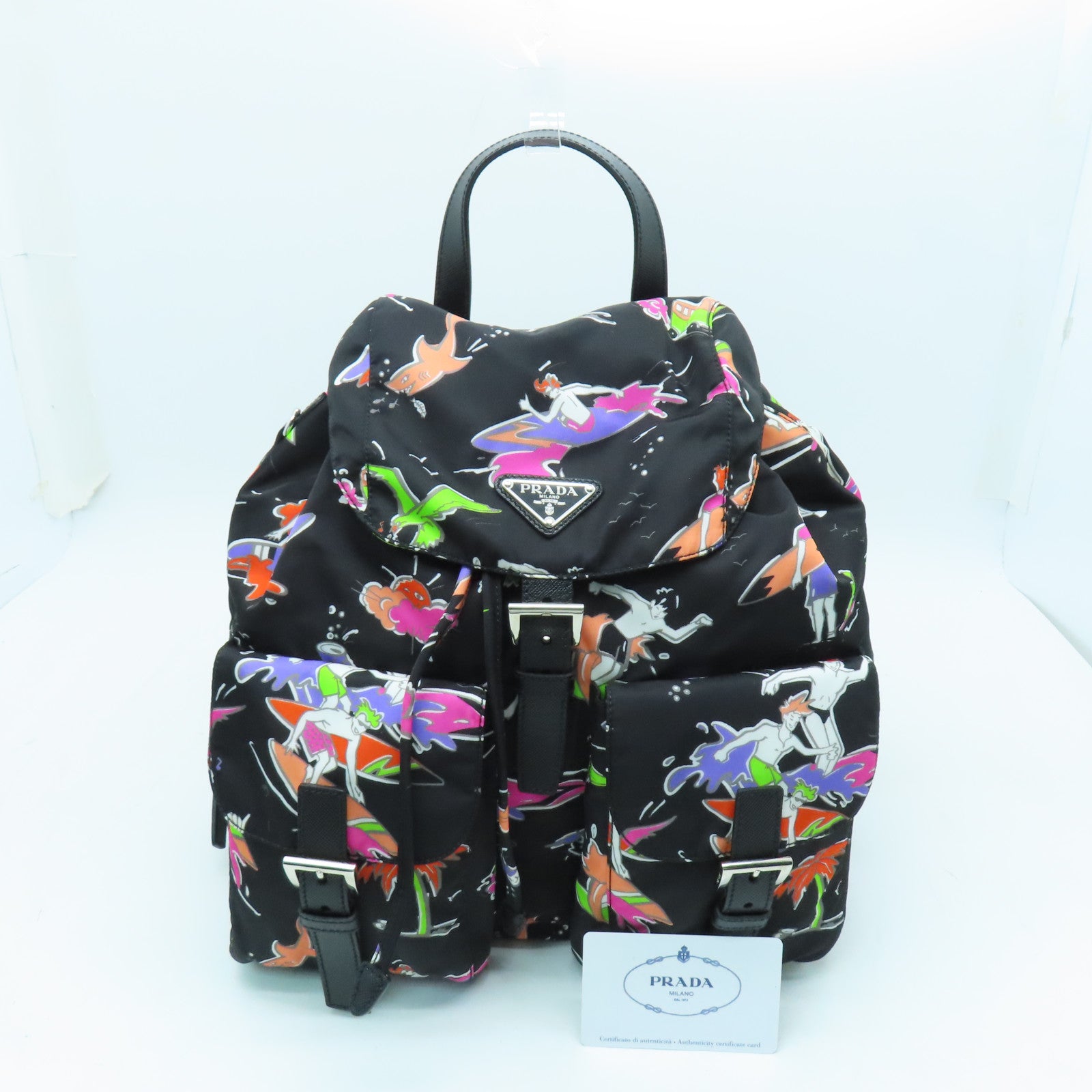 PRADA 尼龍Backpack銀扣背包黑色/多色