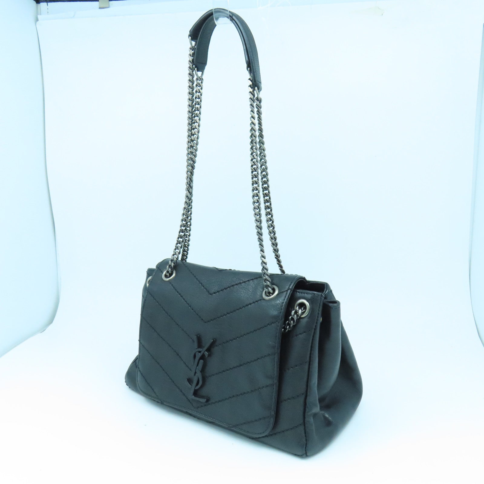 SAINT LAURENT 牛皮皮革2 way Shoulder銀扣鏈帶肩背袋黑色
