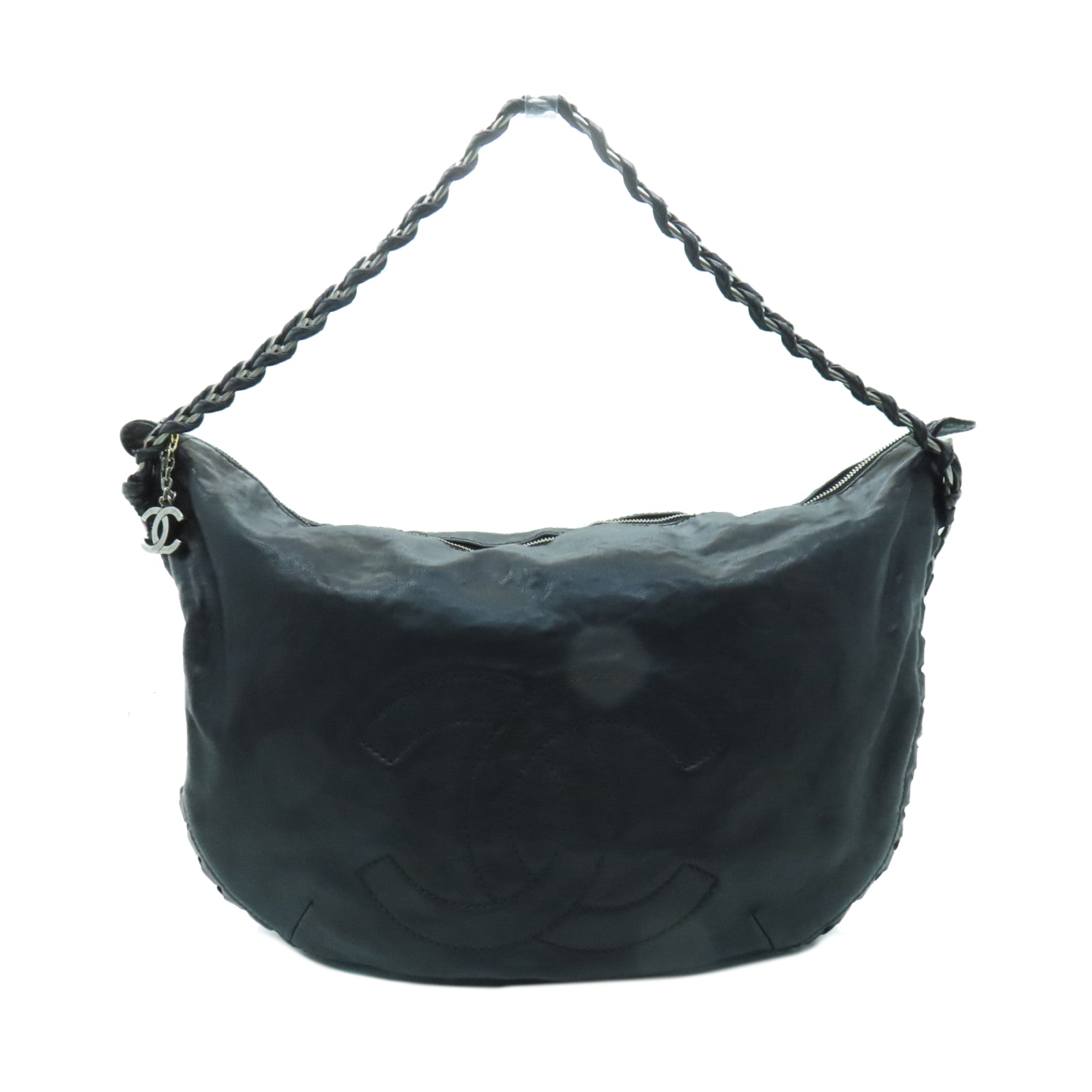 CHANEL 牛皮皮革Chain Shoulder Bag銀扣鏈帶肩背袋黒色